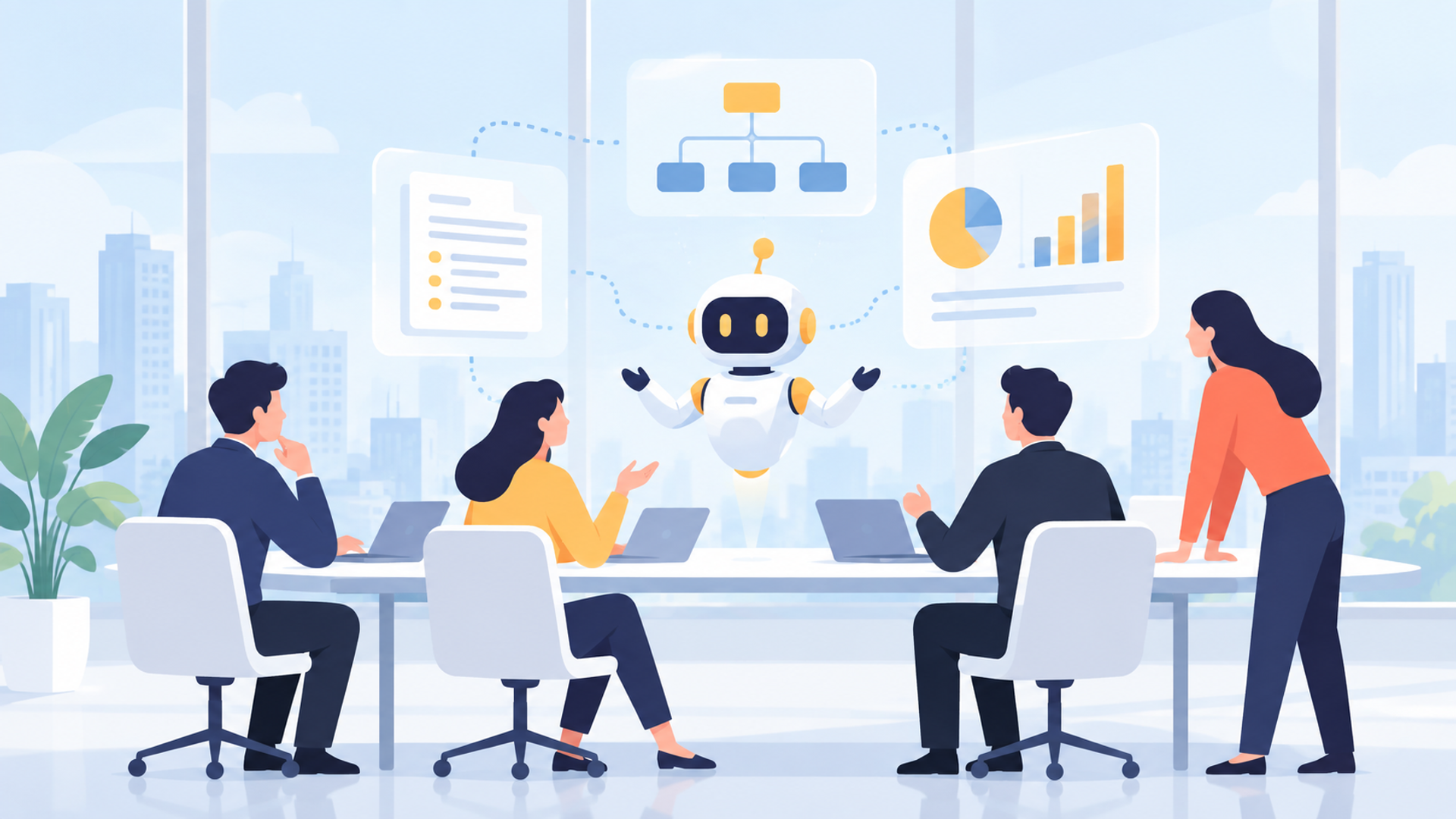 経営会議の準備を効率化するAIプロンプトの活用例を表す図解イラスト