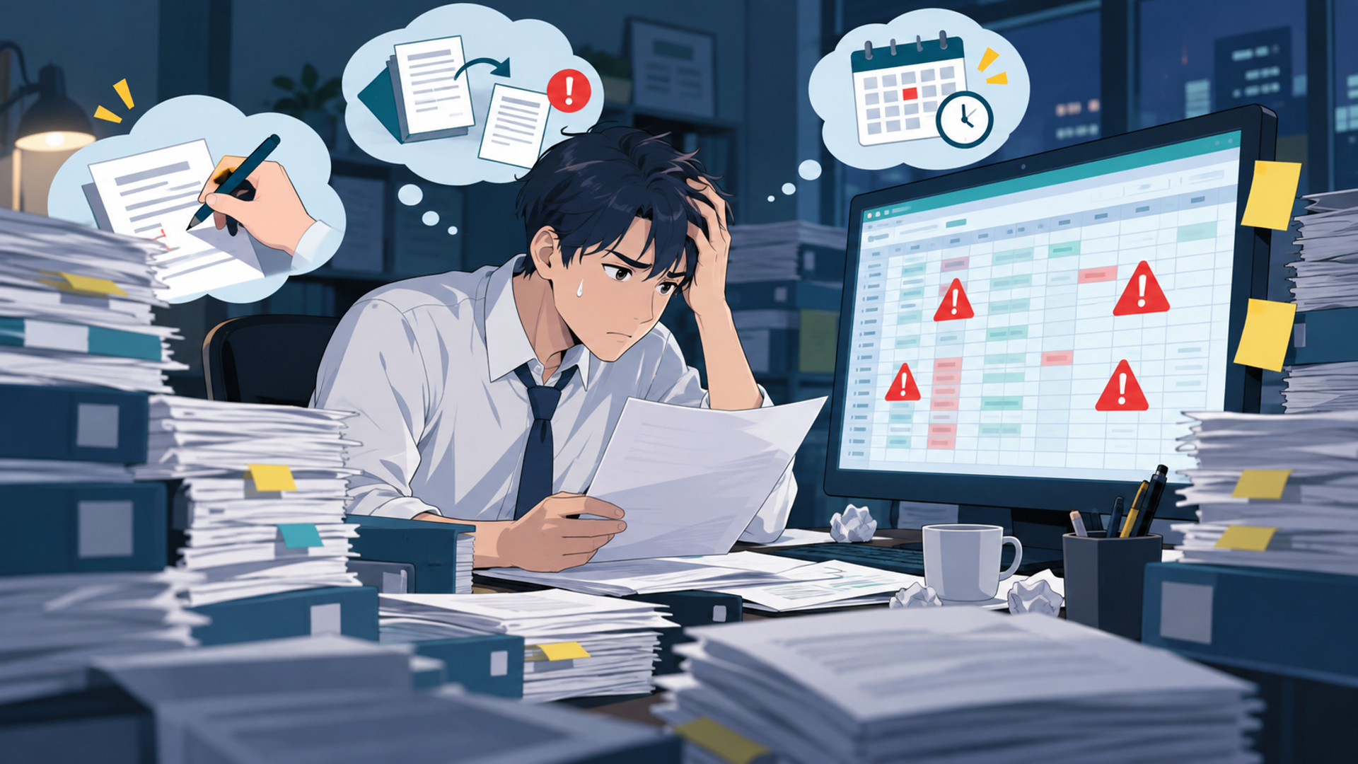 Excelによる契約台帳の運用が破綻する理由を表す図解イラスト