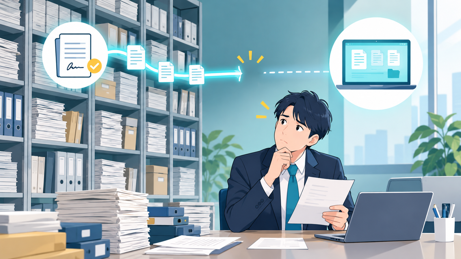電子契約の導入だけでは解決しない管理の課題を表す図解イラスト