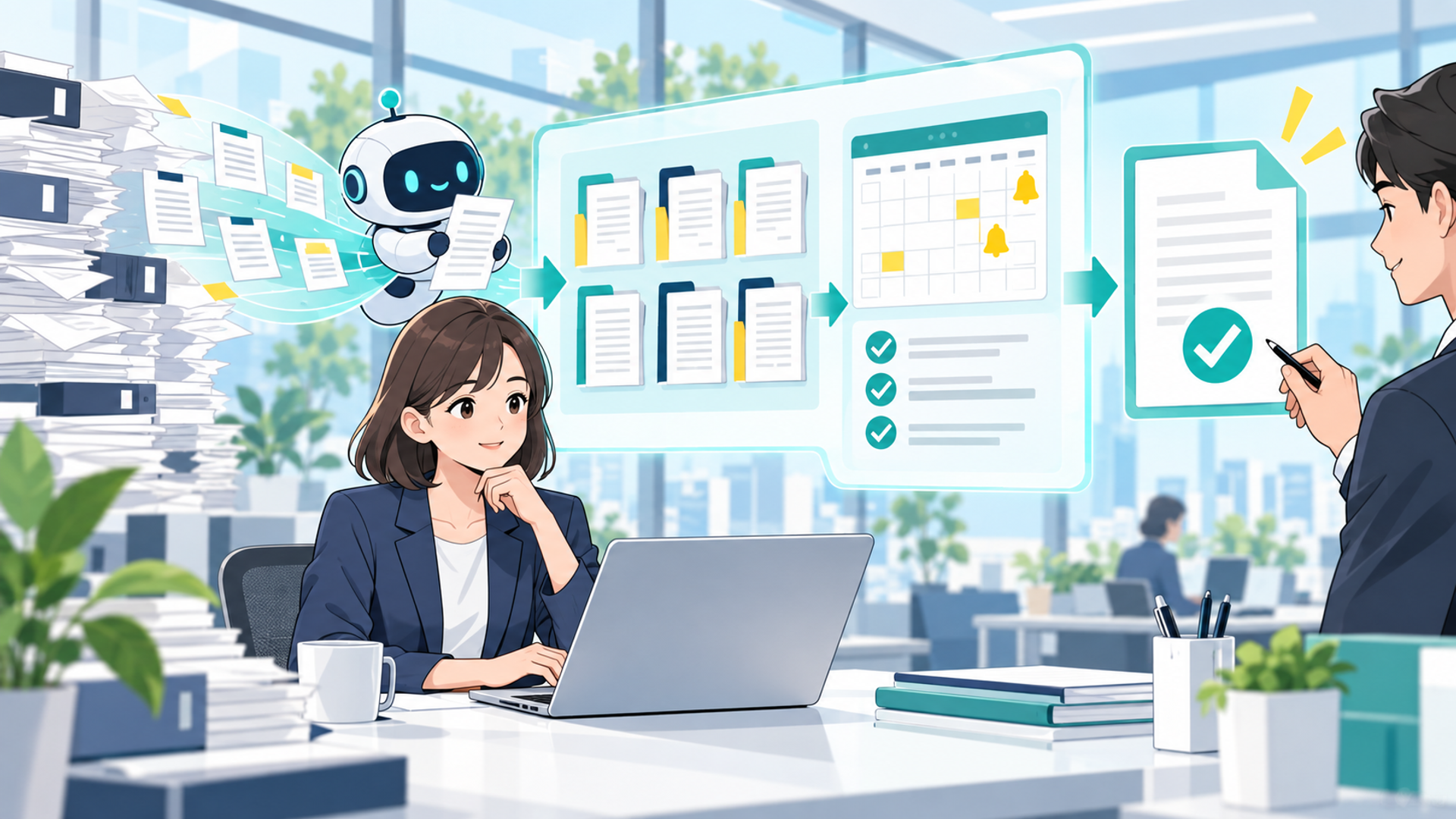 契約管理をAIで自動化するメリットを表す図解イラスト