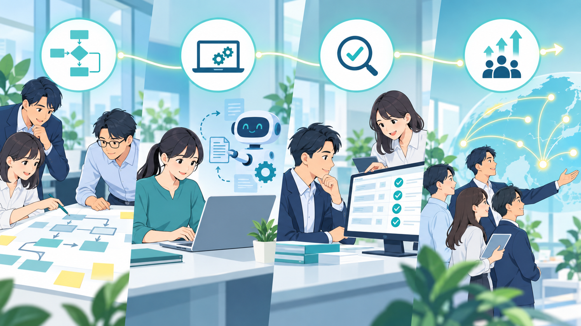 台帳更新の自動化を進めるための4つのステップを表す図解イラスト