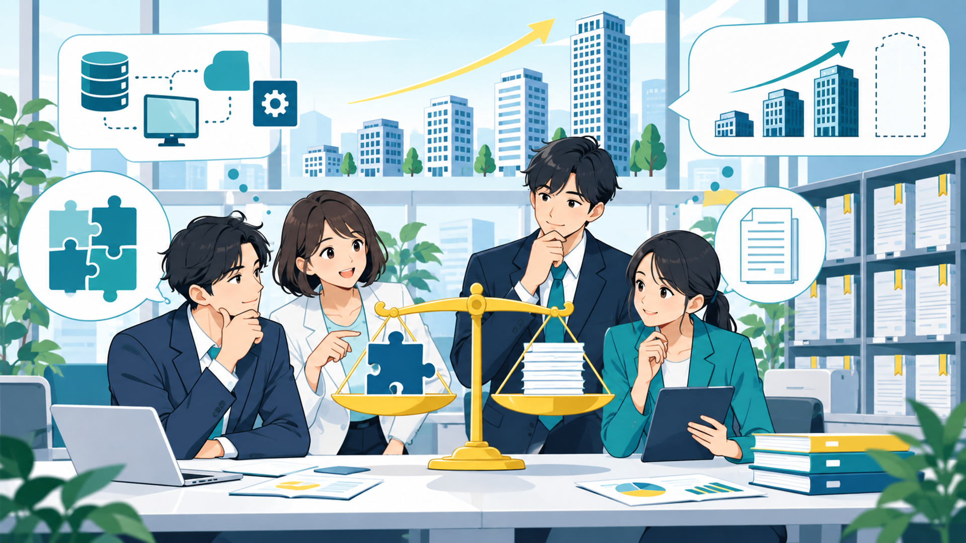 自社に適した契約管理ツールの選定基準を表す図解イラスト