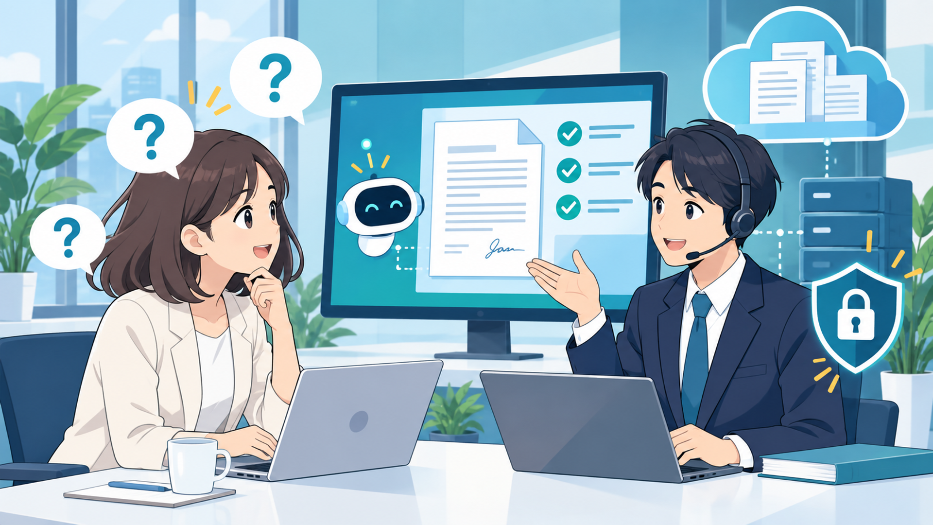 契約管理のAI化に関するよくある質問（FAQ）を表す図解イラスト