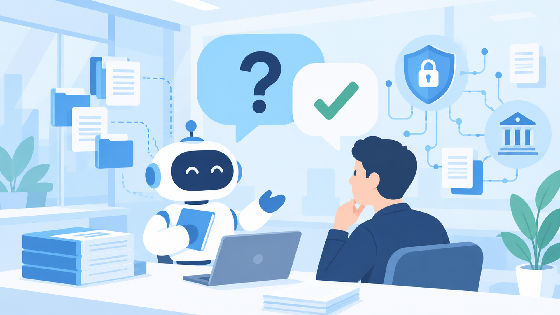 監査資料の準備をAI化する際によくある質問（FAQ）を表す図解イラスト