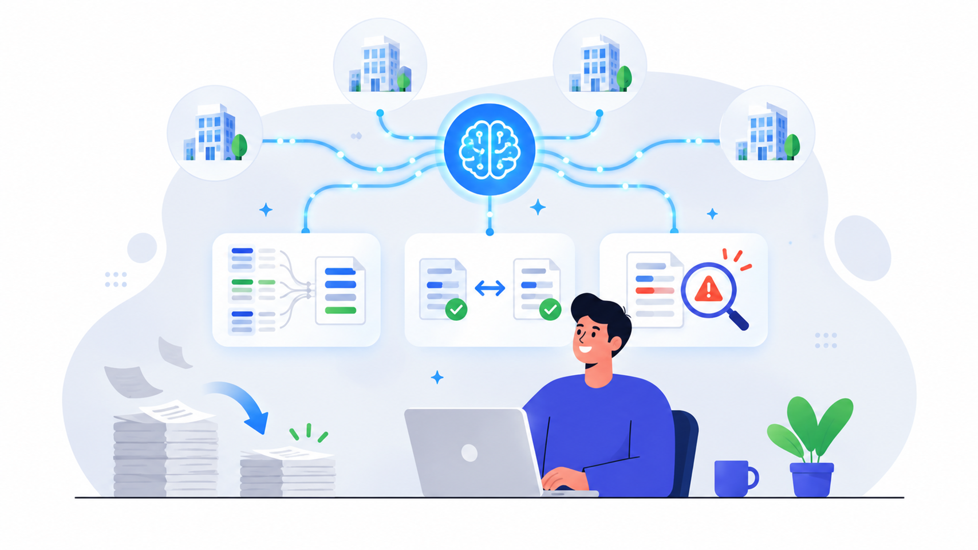 連結会計にAIを導入する3つのメリットを表す図解イラスト