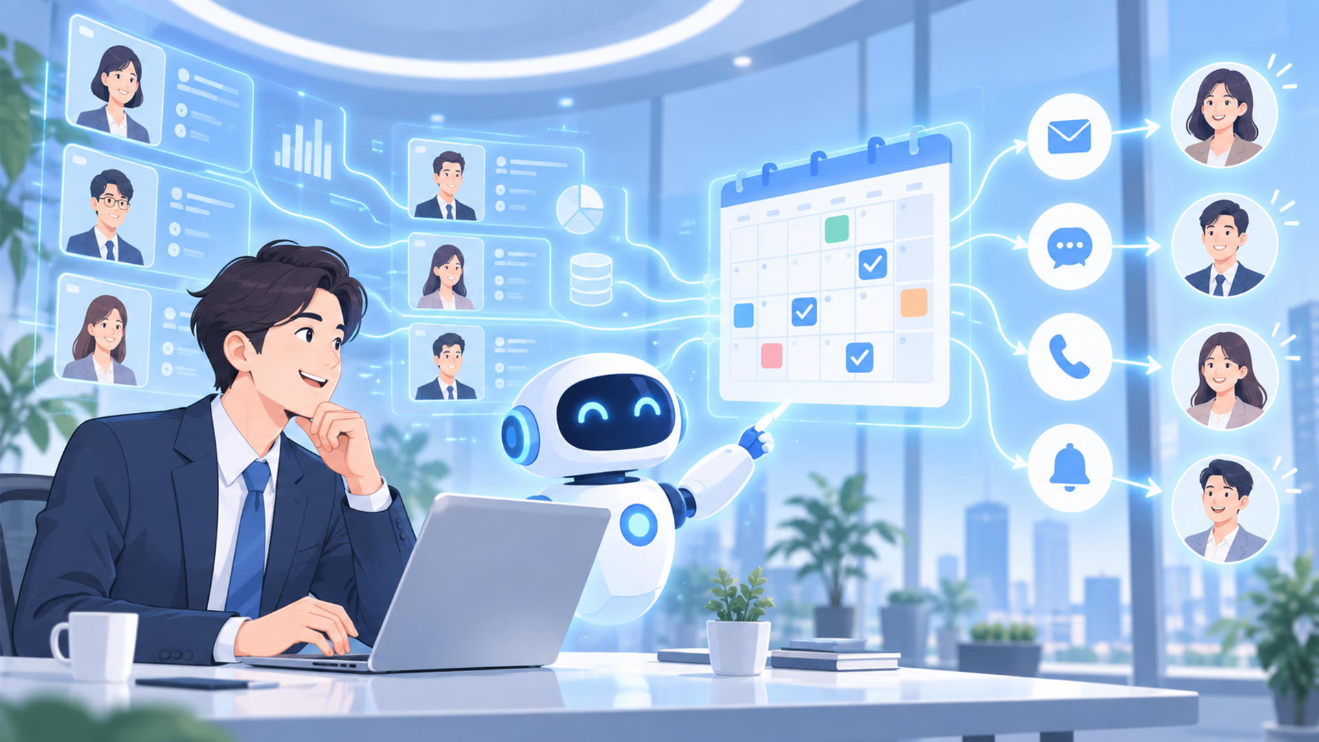 AIを活用した顧客フォロー計画の自動化とは？営業における重要性を解説を表す図解イラスト