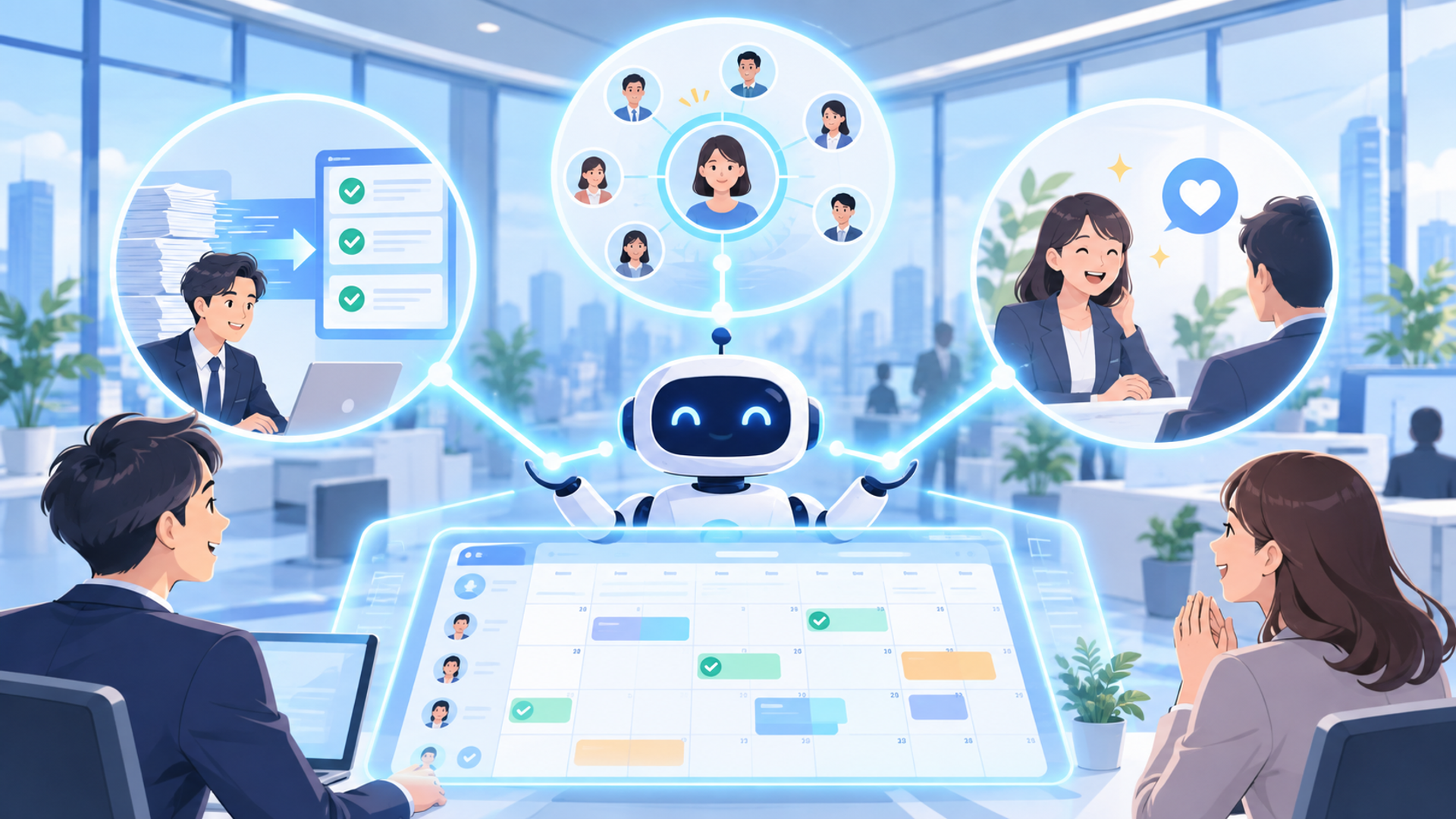 AIで顧客フォロー計画を自動化する3つのメリットを表す図解イラスト
