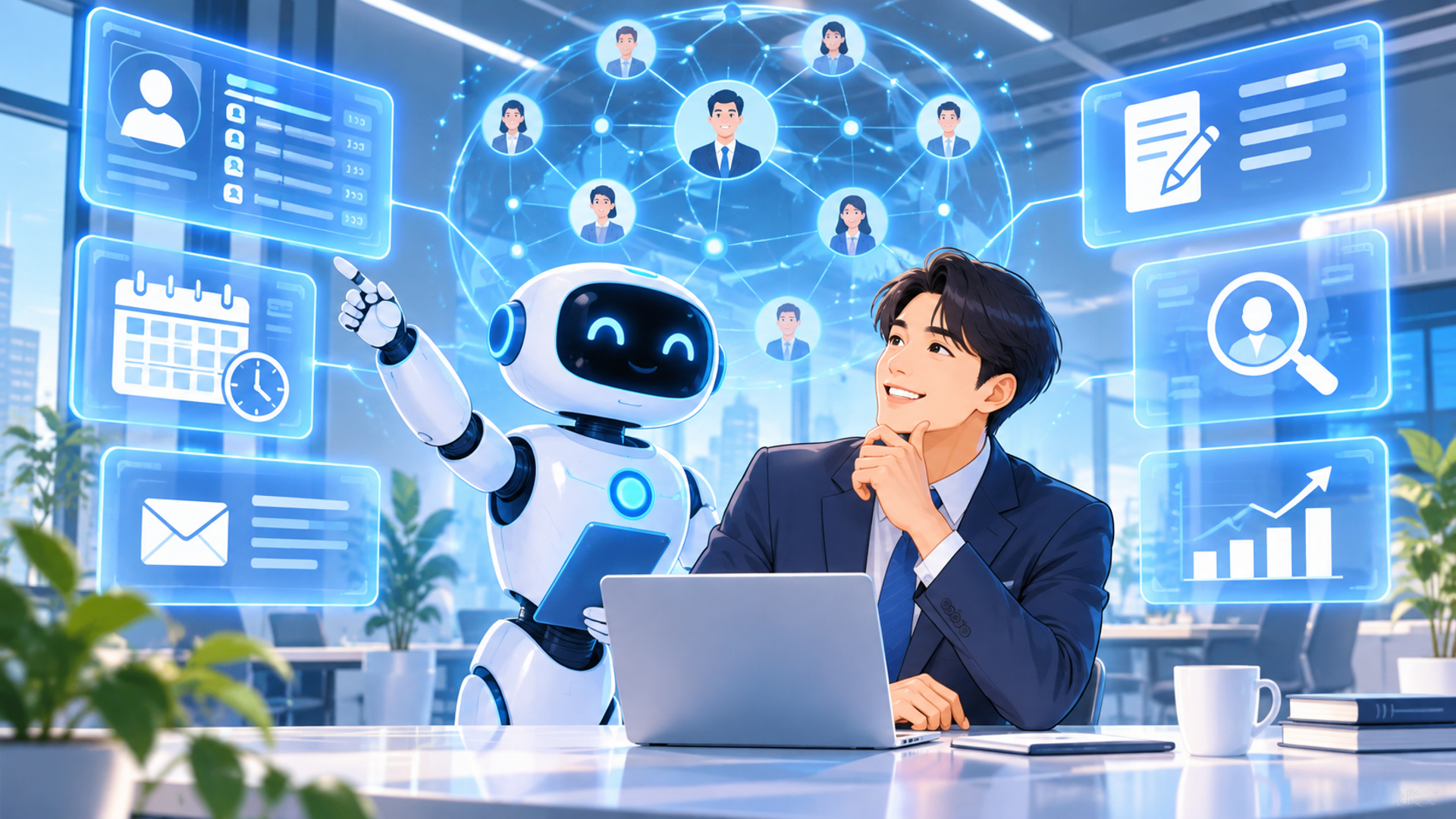 AI機能が実装されたおすすめの営業支援ツール9選を表す図解イラスト