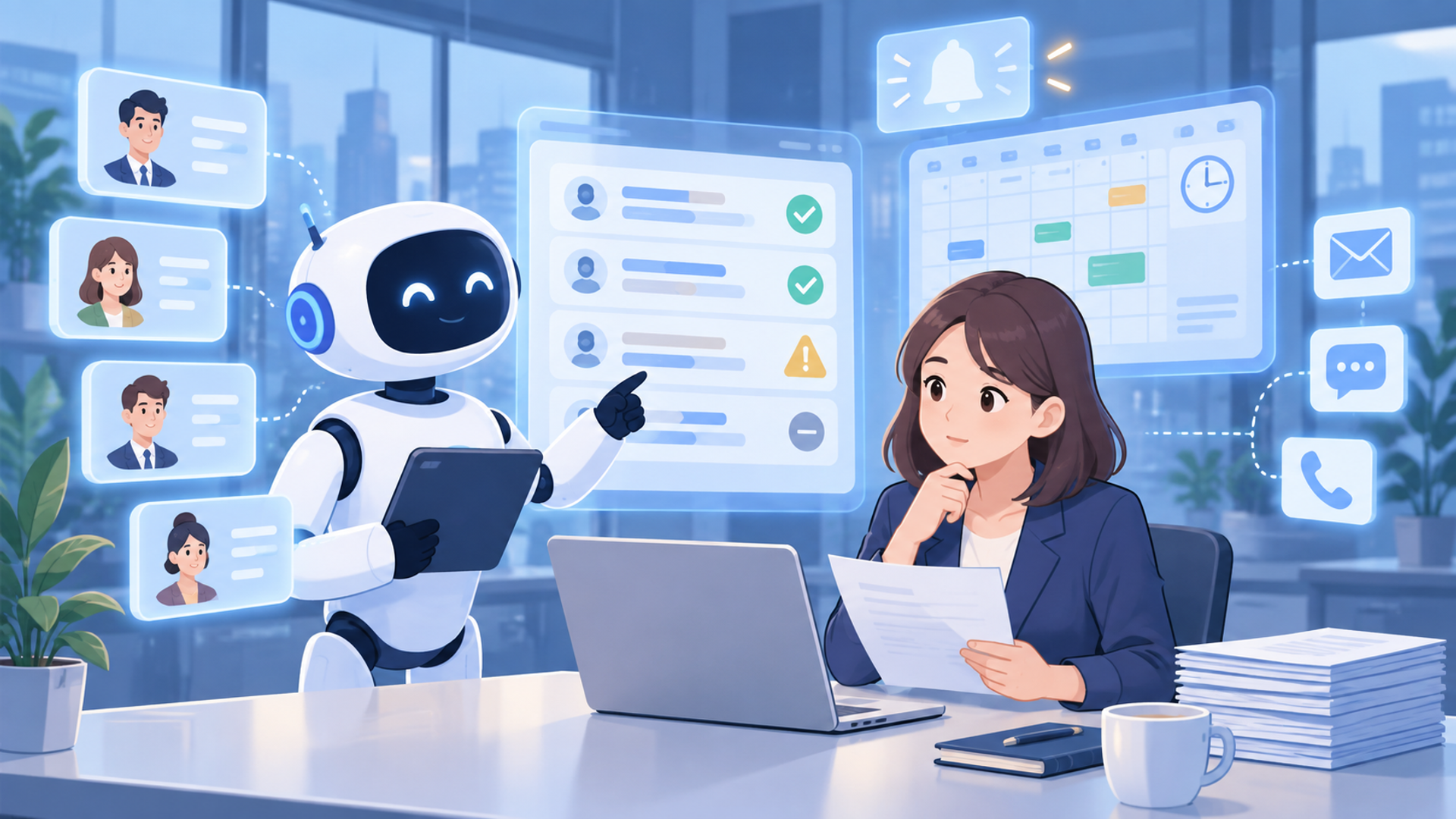 AIで顧客フォロー計画を自動化する際の注意点を表す図解イラスト