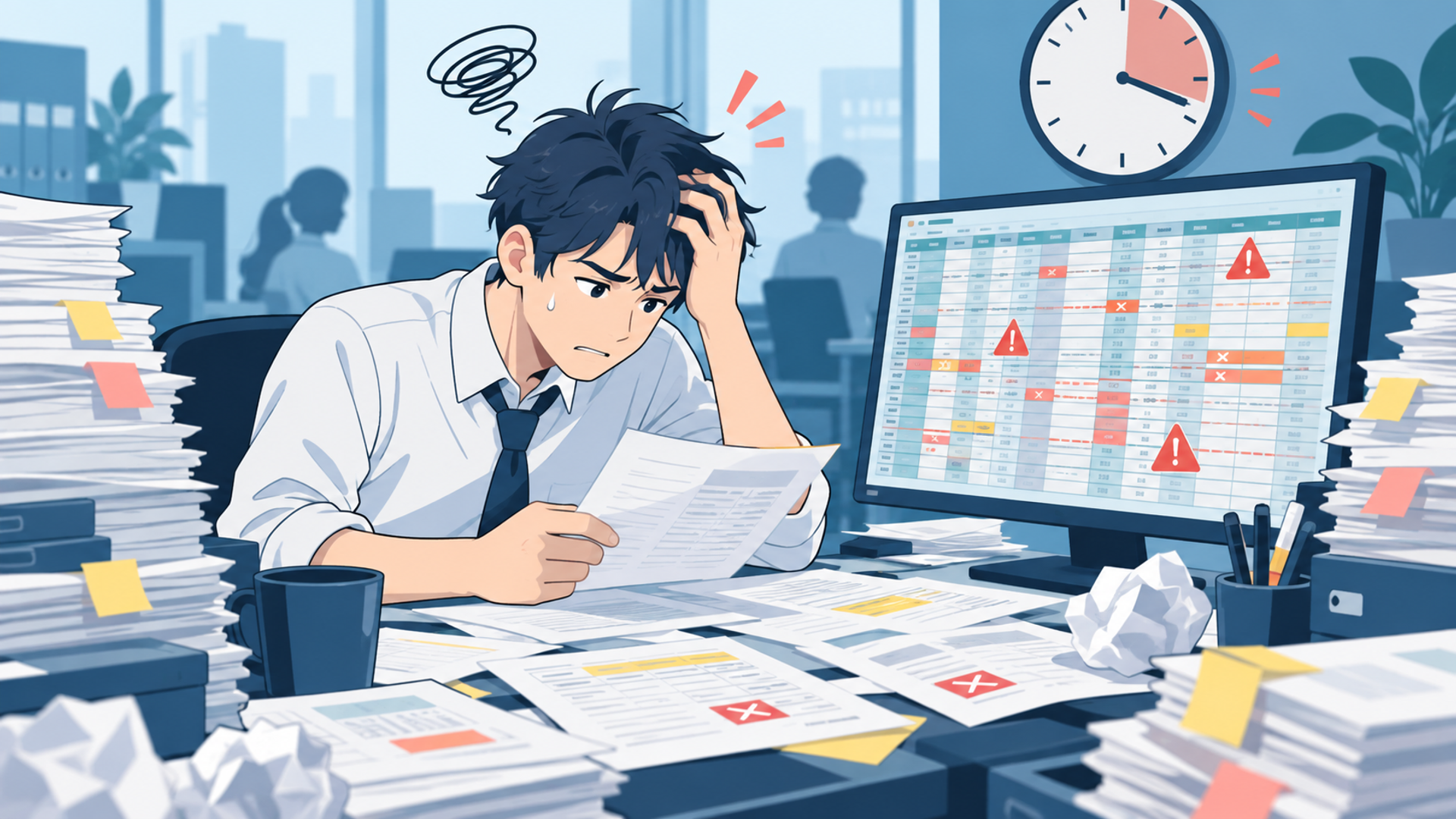 手作業によるデータ照合が抱える主な課題を表す図解イラスト