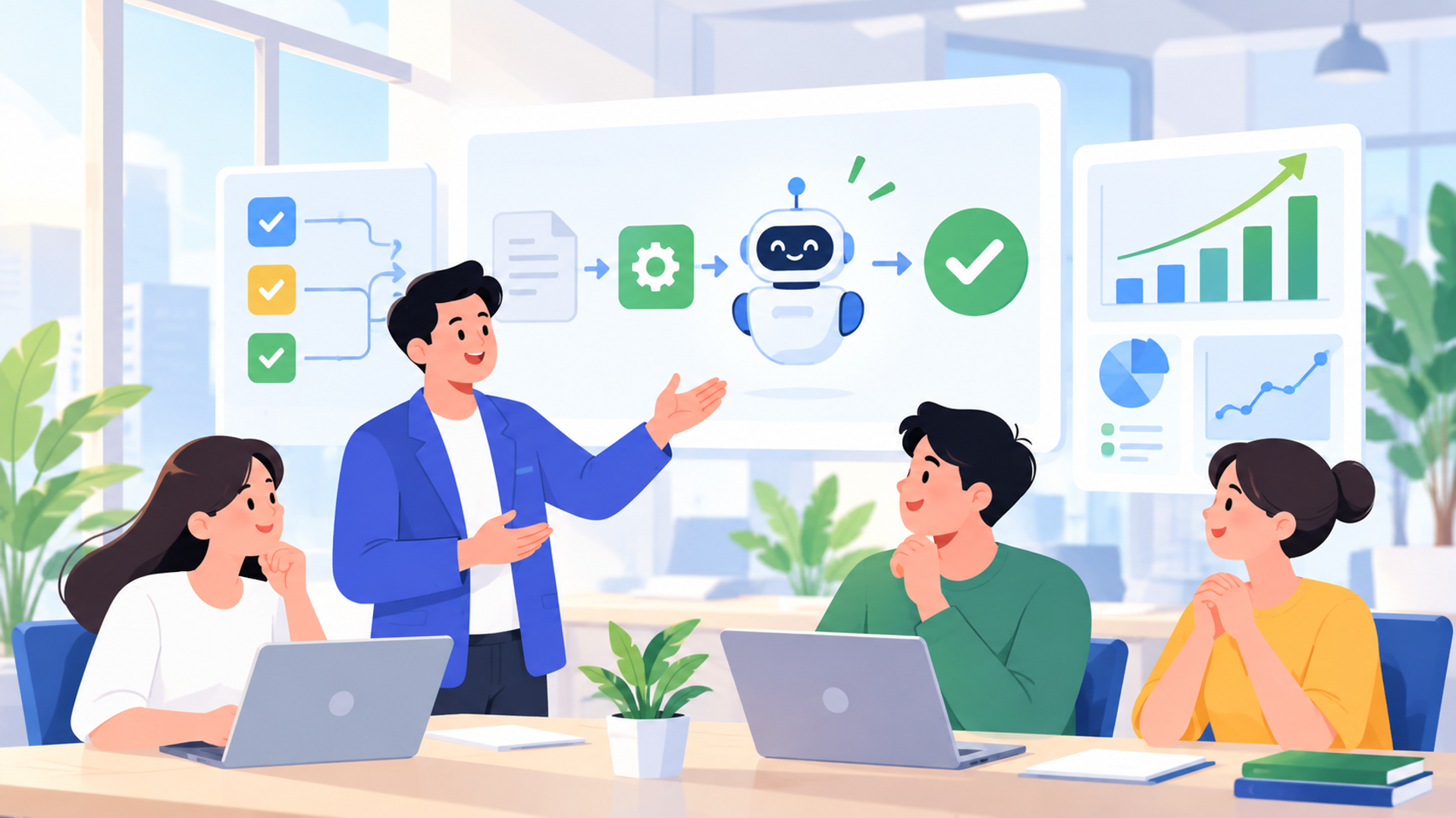業務の自動化から経営の効率化までを支援する伴走サービスを表す図解イラスト