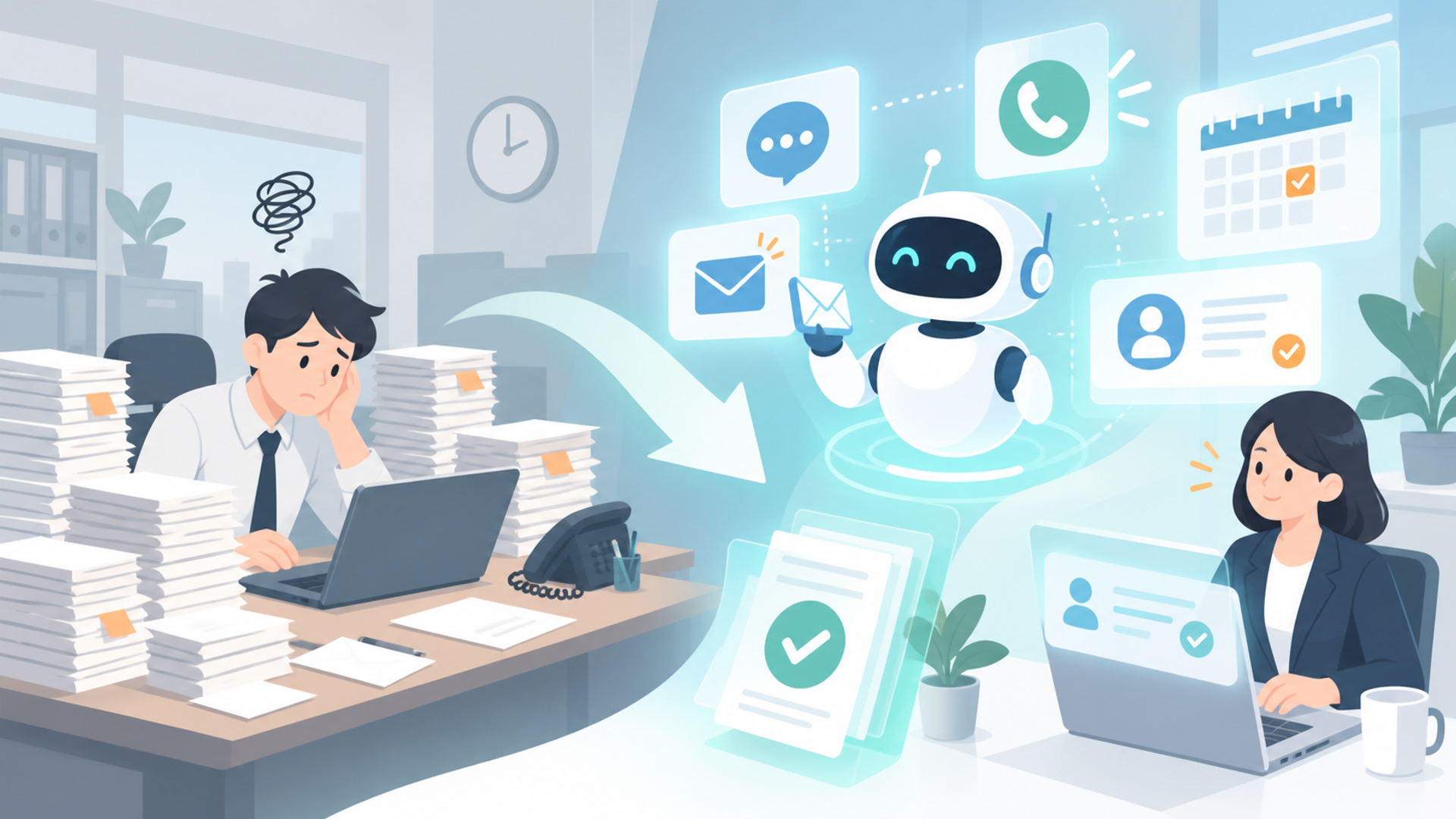 AIを活用した督促業務の自動化とは？従来のやり方との違いを解説を表す図解イラスト