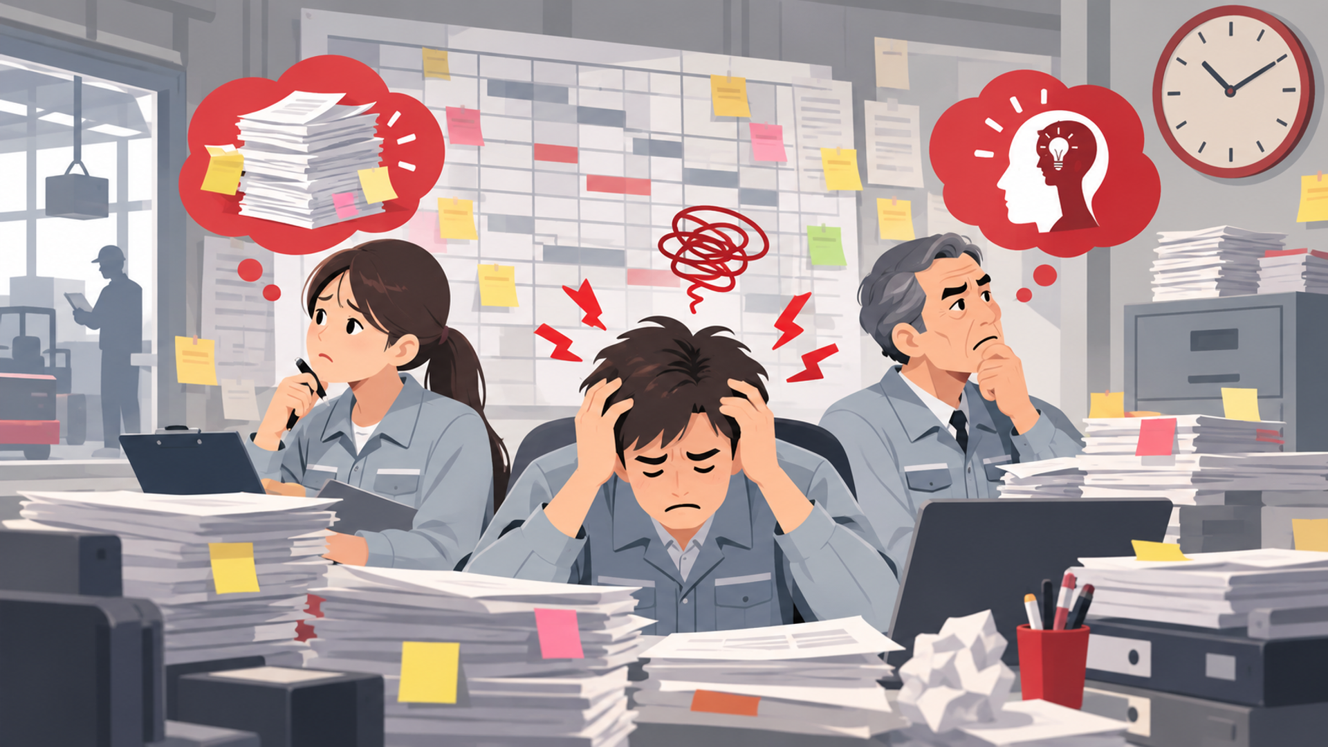 従来の納期管理における3つの課題を表す図解イラスト