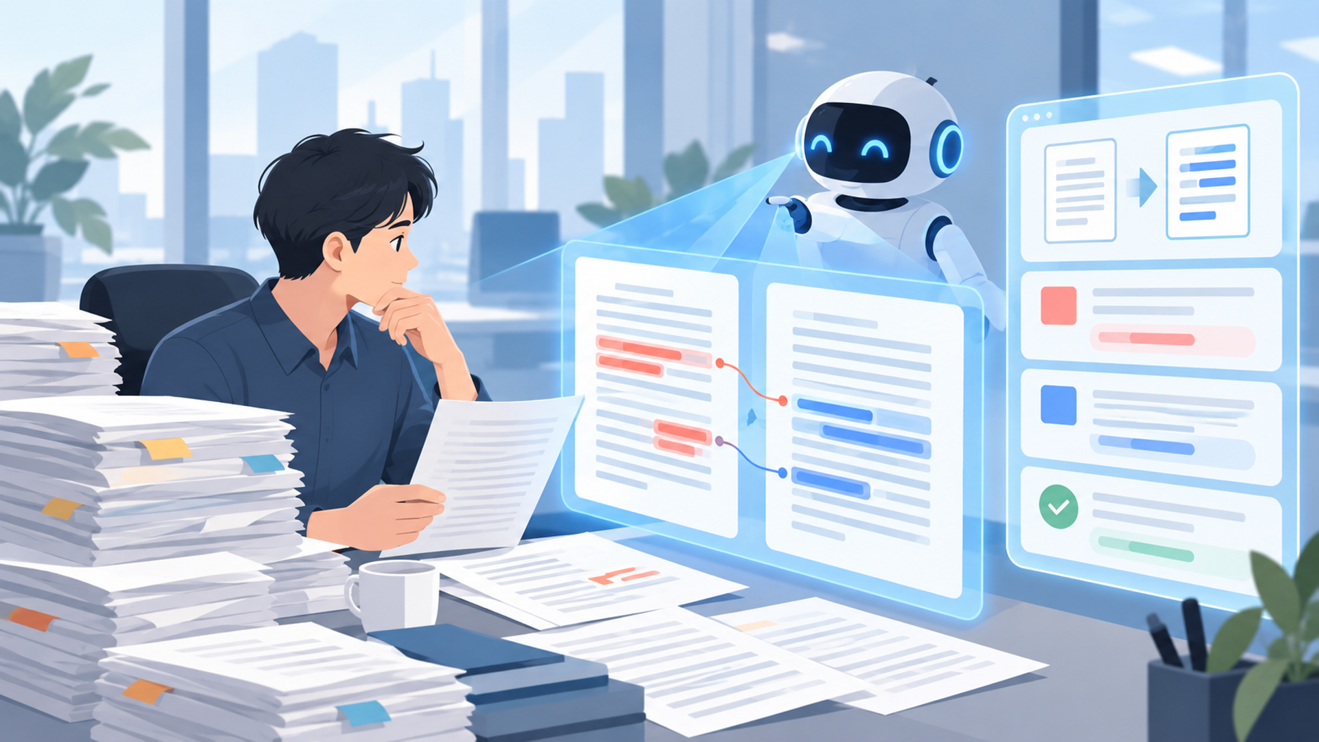 AIを活用した文書比較の基本と手作業における限界を表す図解イラスト
