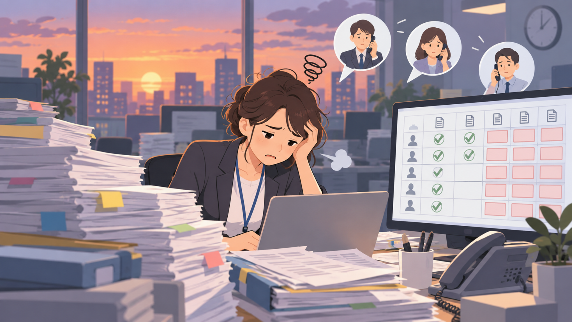 書類回収や進捗管理で多くの企業が抱える課題を表す図解イラスト