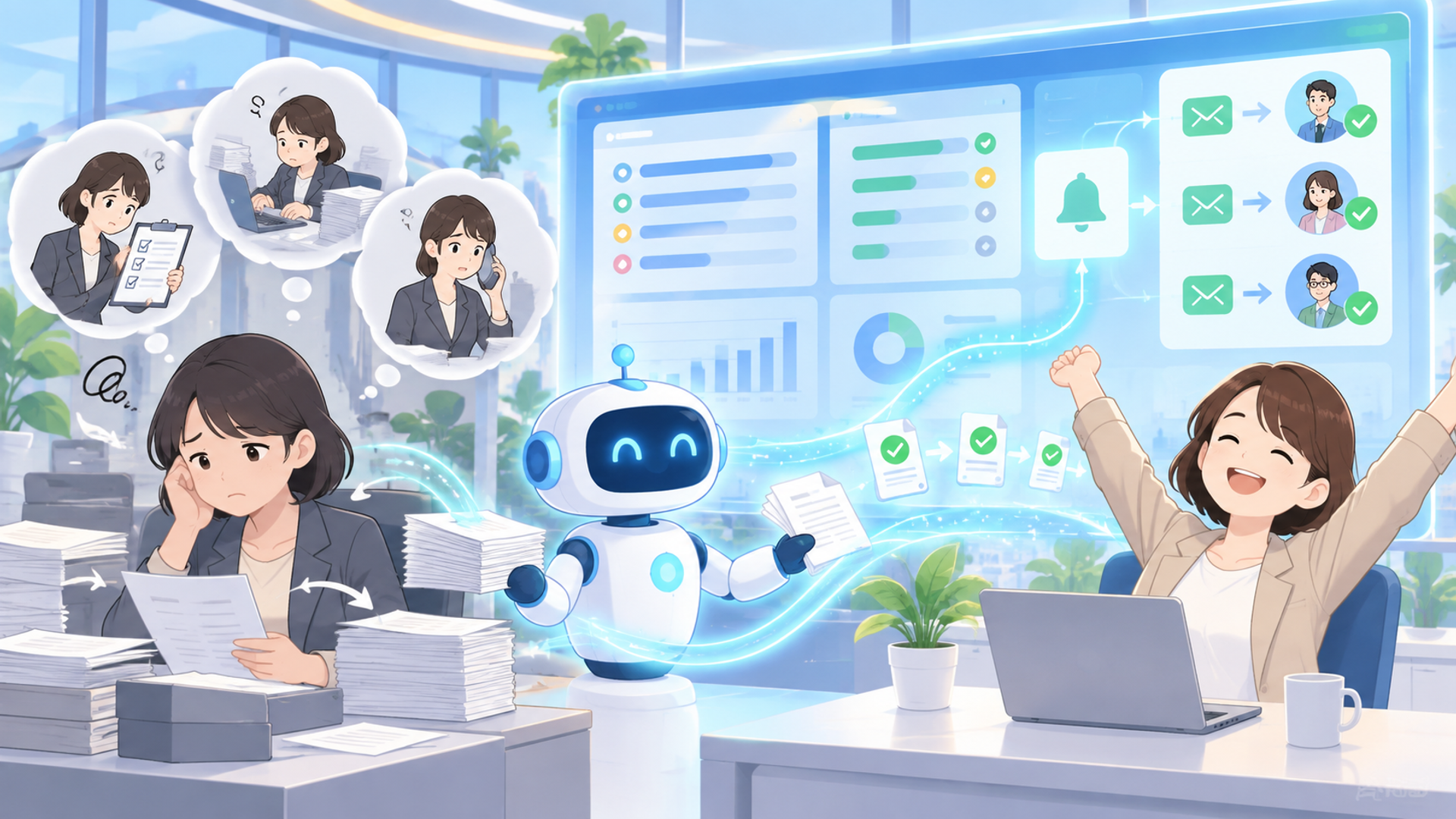 状況管理を自動化することで得られるメリットを表す図解イラスト