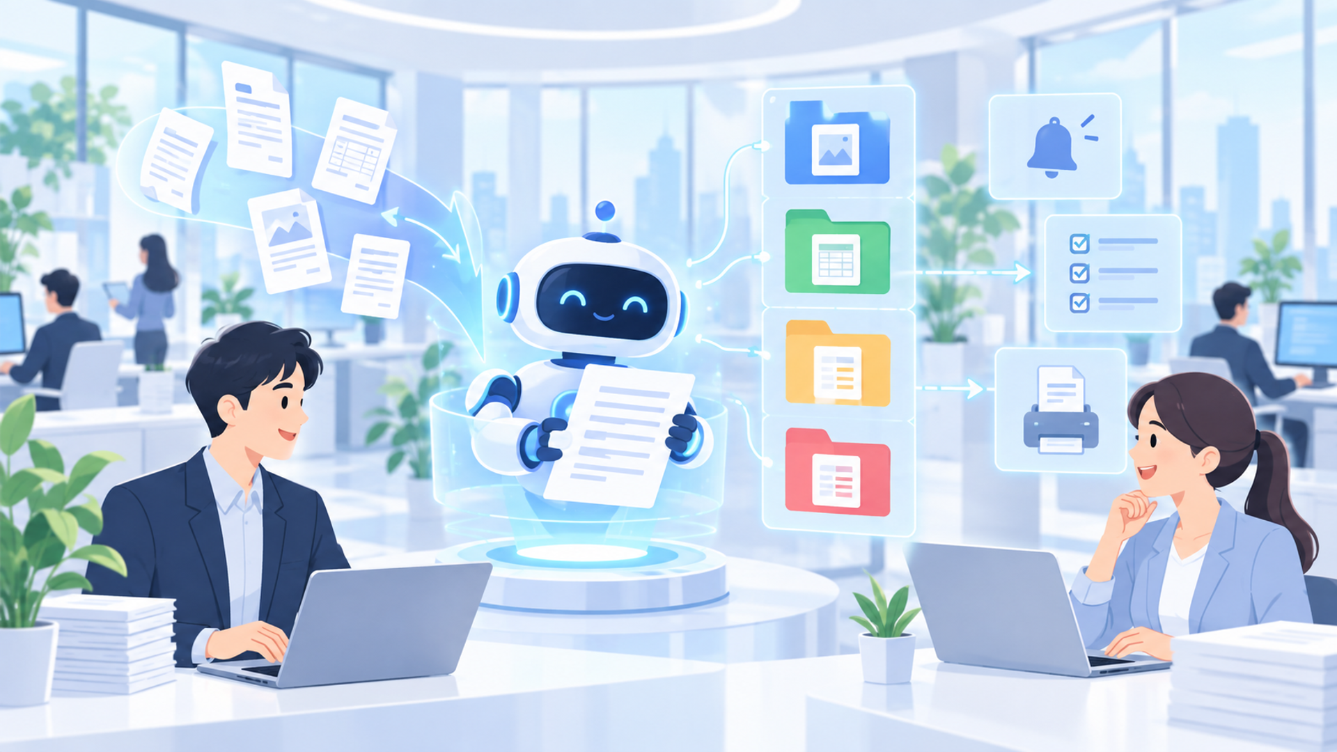 業務効率化を推進するAI書類管理サービス10選を表す図解イラスト