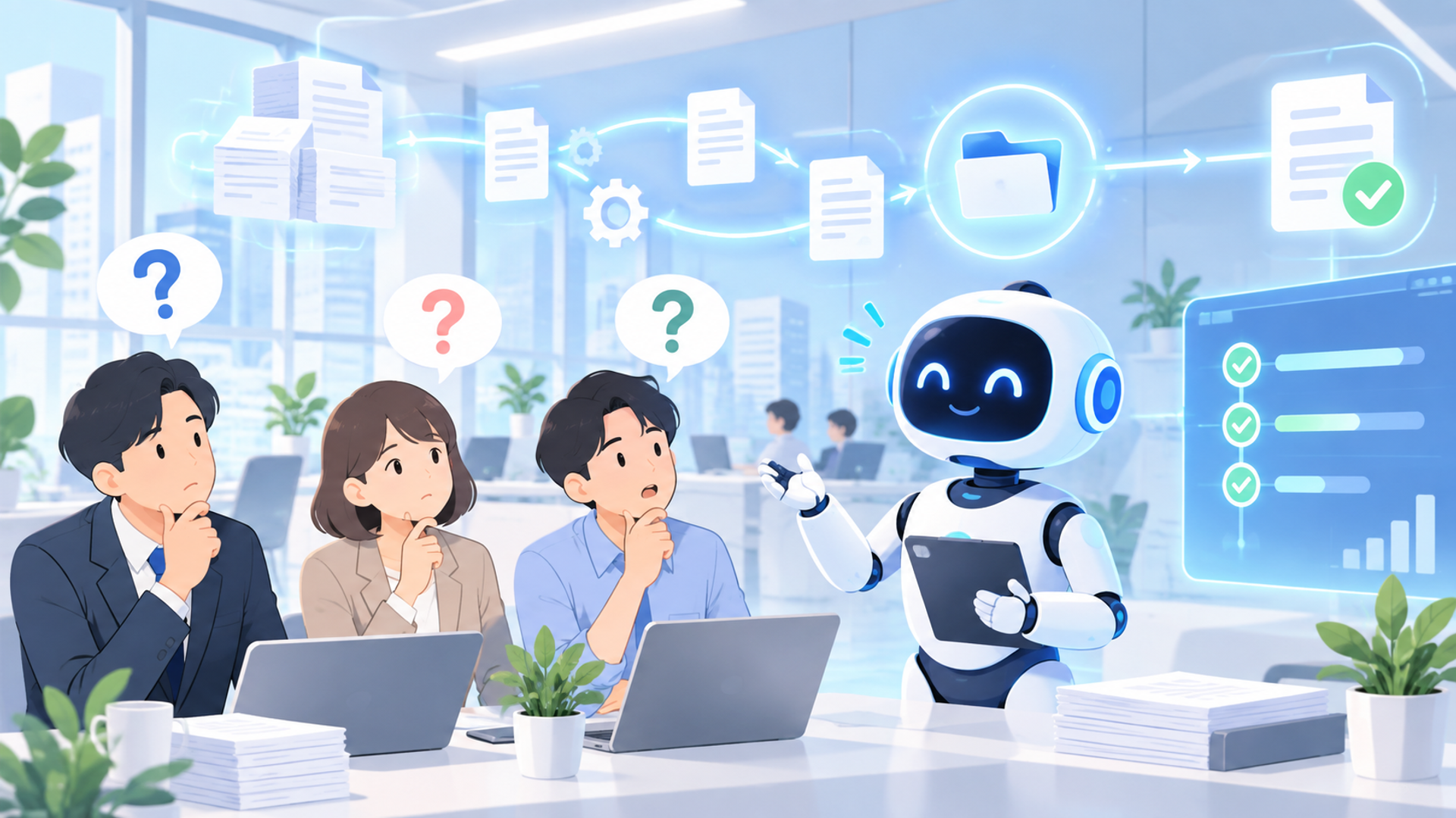 AIによる書類提出や状況管理の自動化に関するFAQを表す図解イラスト