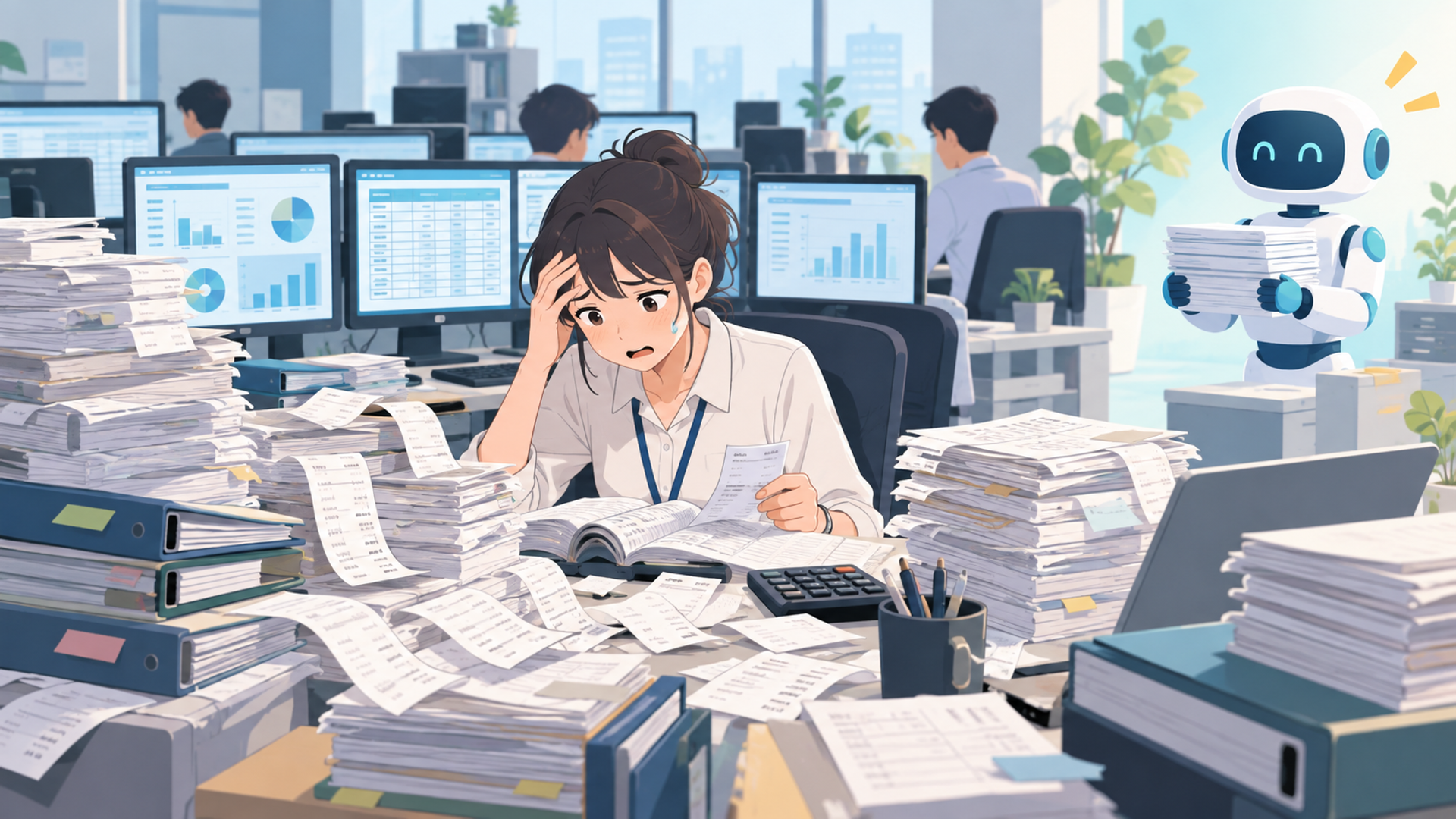 手作業による売上集計の限界と自動化が必要とされる理由を表す図解イラスト