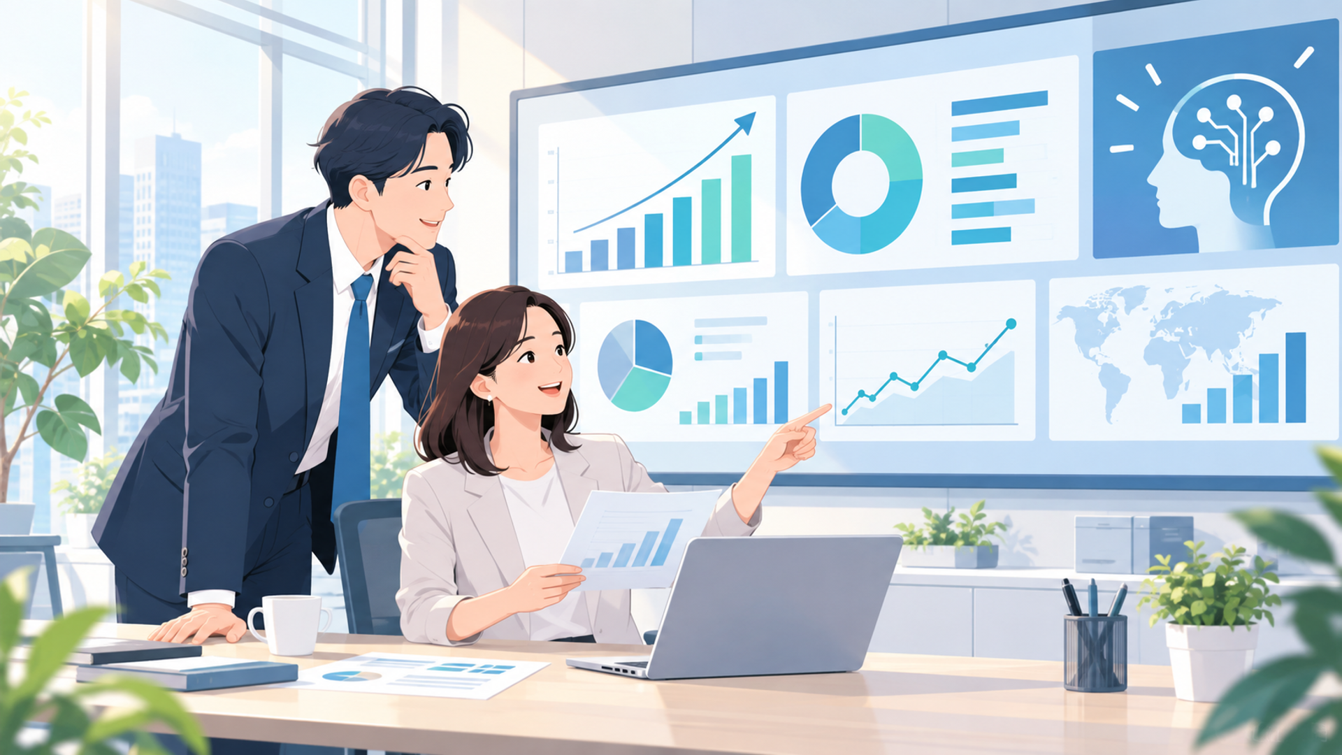 AIによる売上集計の自動化を導入する3つのメリットを表す図解イラスト