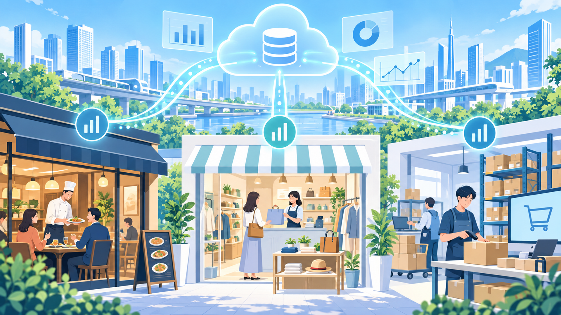 業界別に見る売上集計の自動化の活用事例を表す図解イラスト