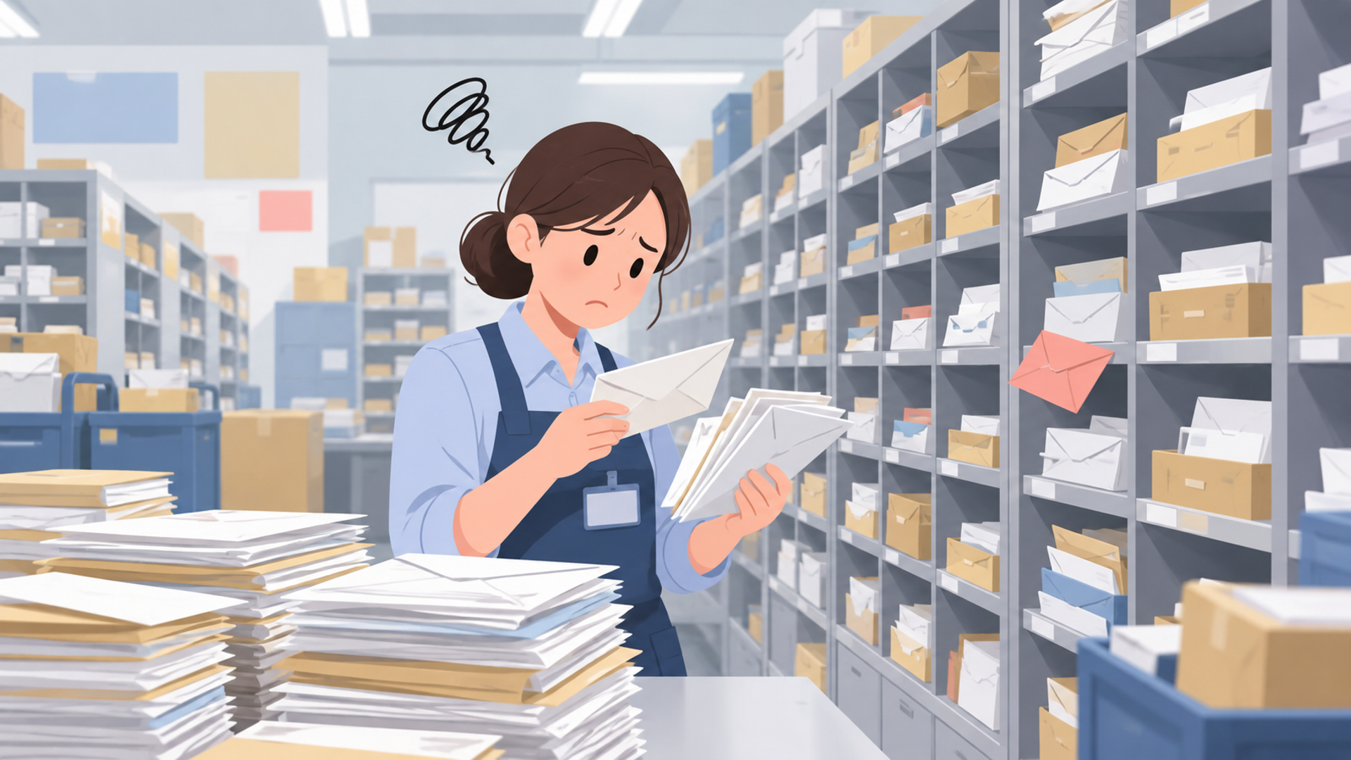 大企業のメール室が抱える郵便物仕分けの課題を表す図解イラスト