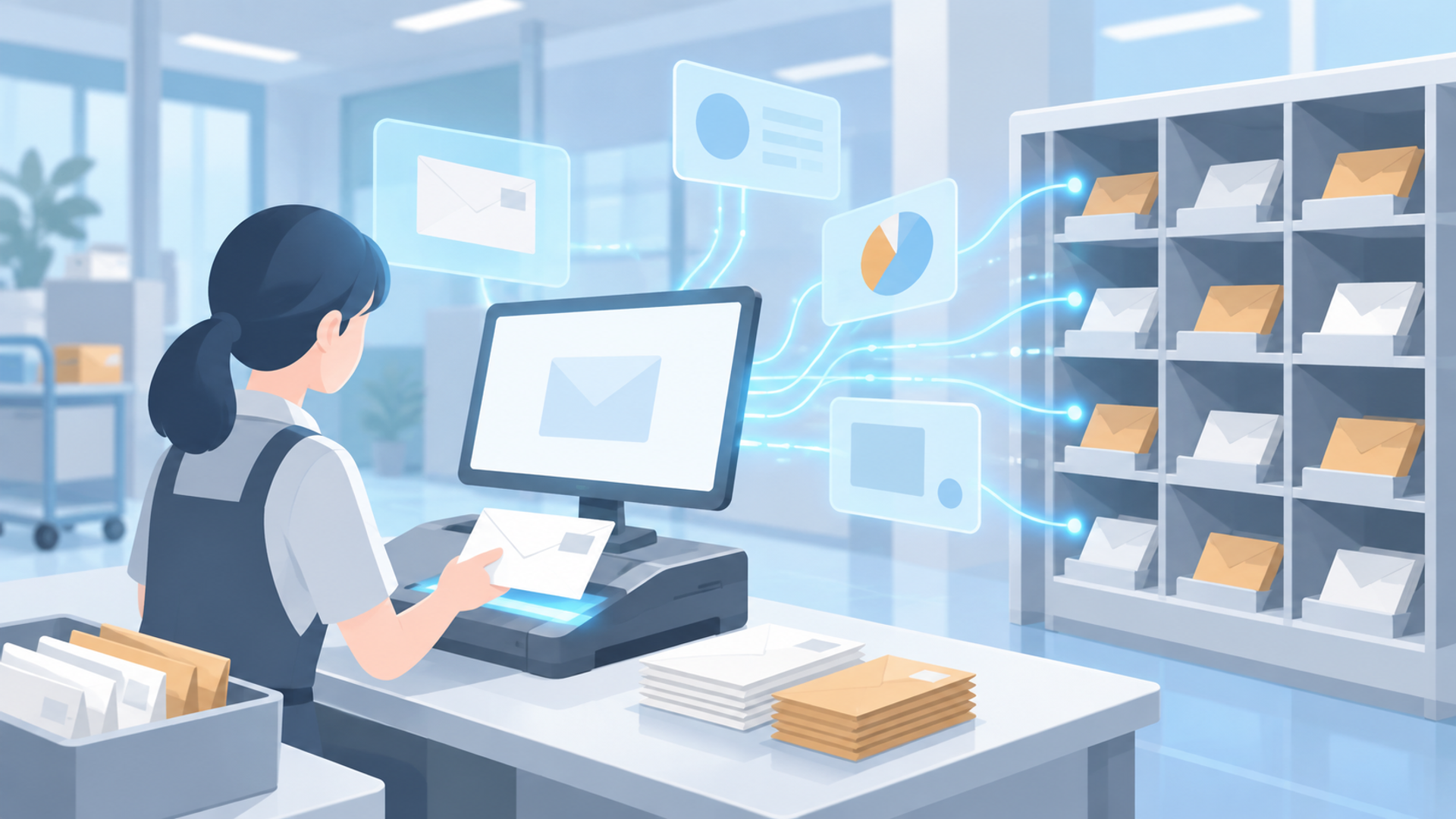 AIを活用した自動仕分けの仕組みと主な機能を表す図解イラスト