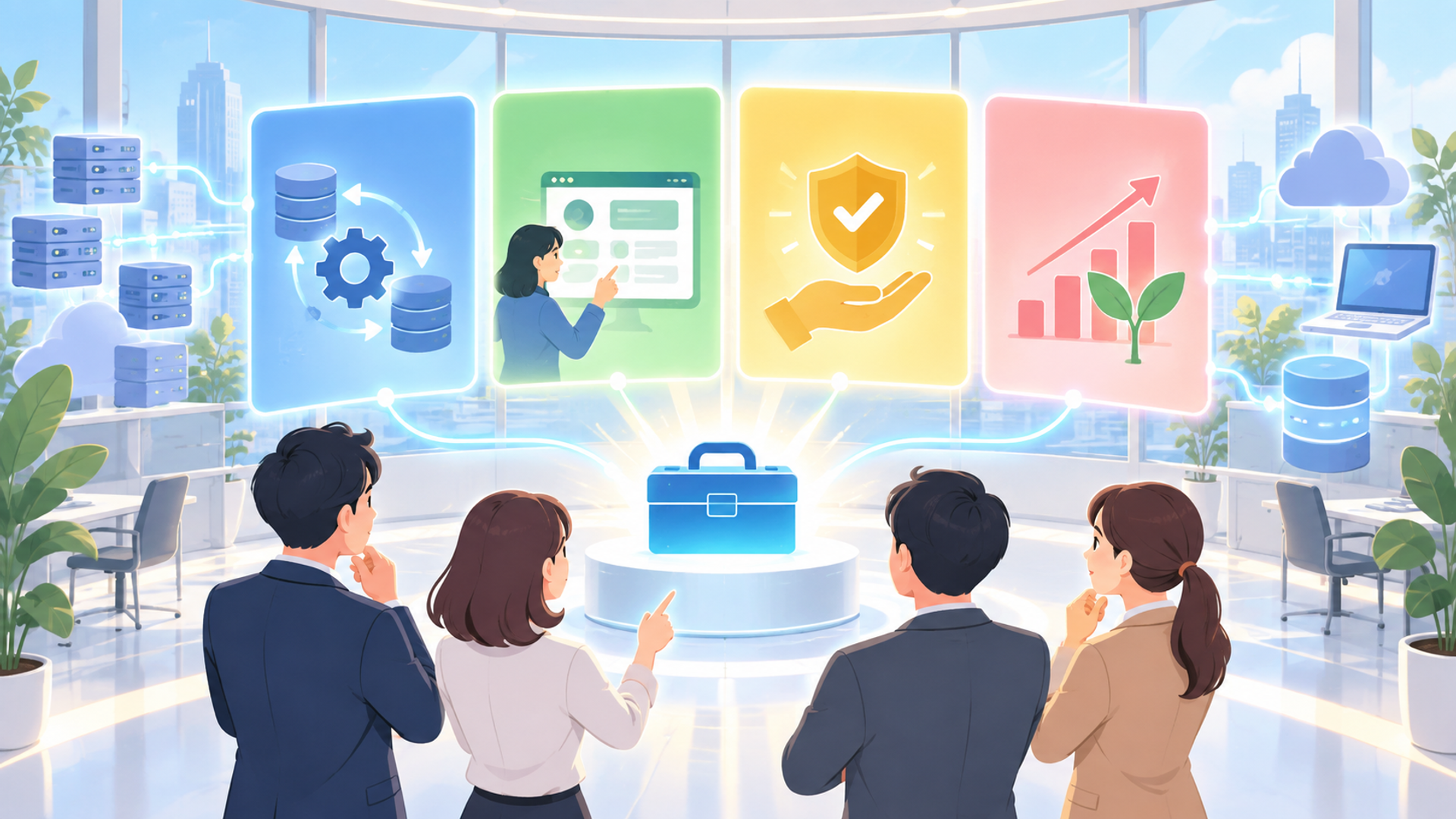 自社に最適なツールを選ぶための4つの基準を表す図解イラスト