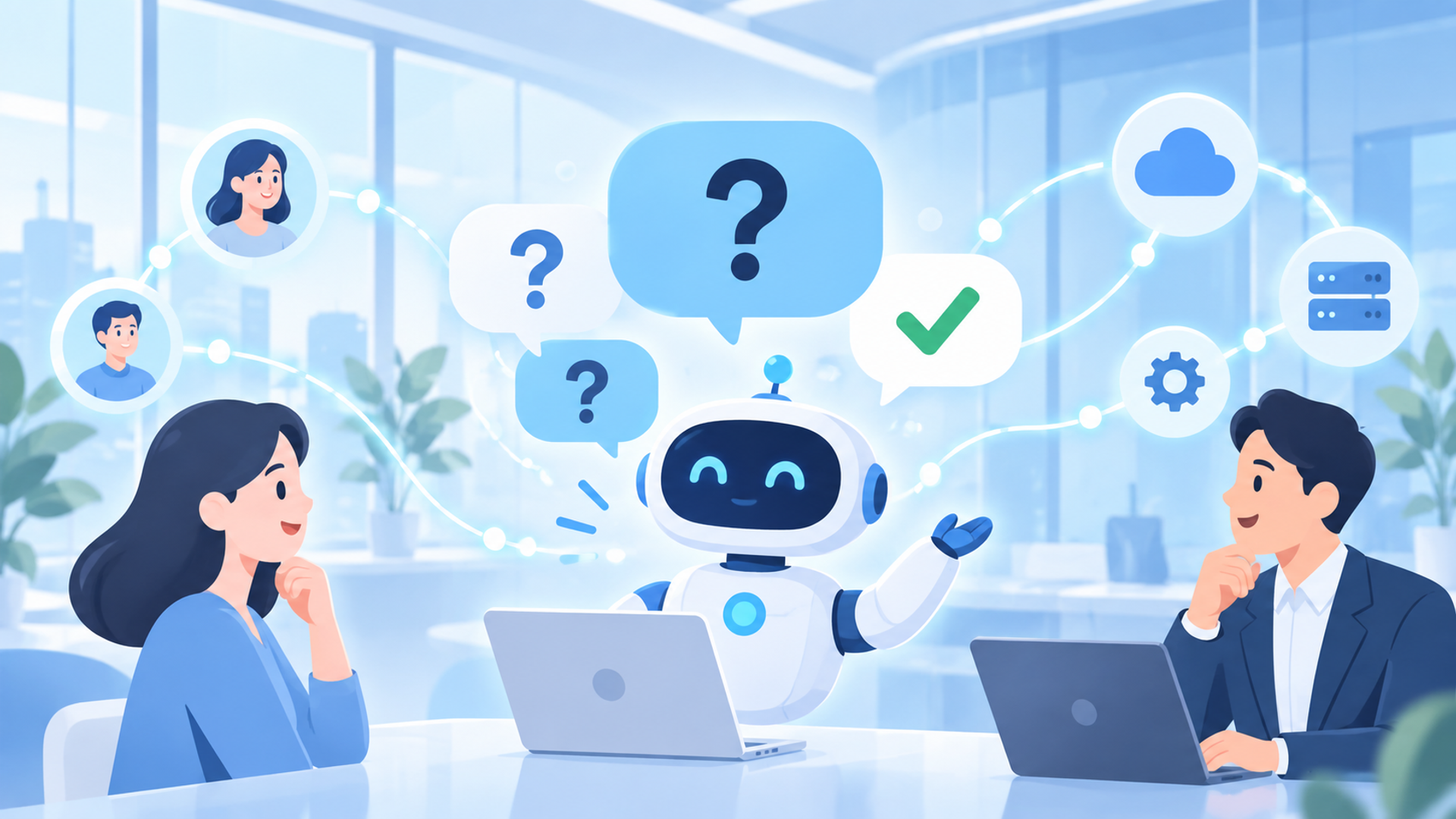 AIによる催促業務の自動化に関するよくある質問（FAQ）を表す図解イラスト