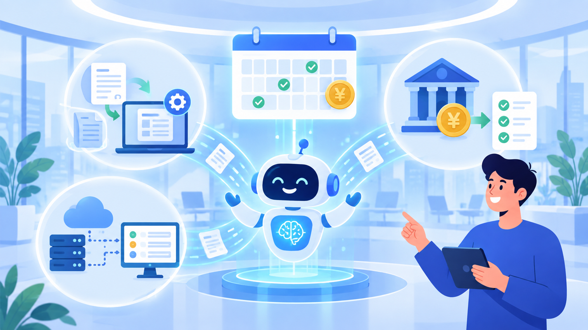 AIを含む入金予定管理の自動化システムの主なタイプを表す図解イラスト