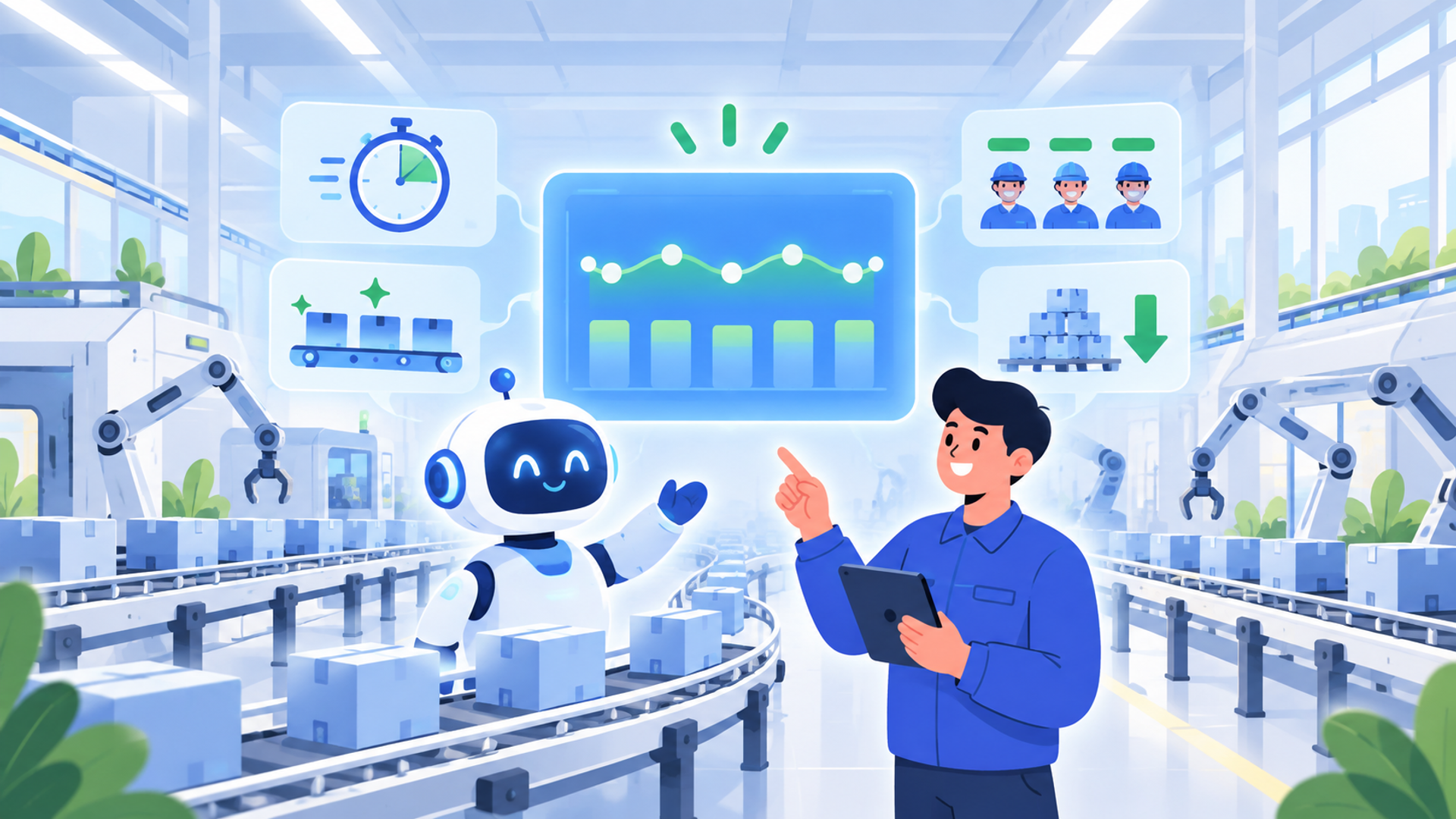 AIを導入して生産負荷を平準化するメリットを表す図解イラスト