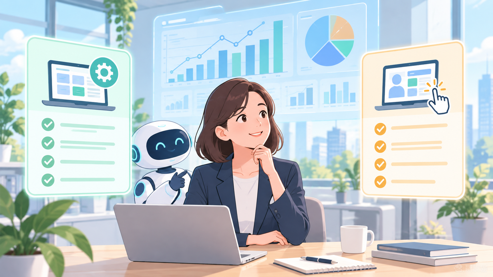 AIを活用した採算管理システムを選定する際の基準を表す図解イラスト
