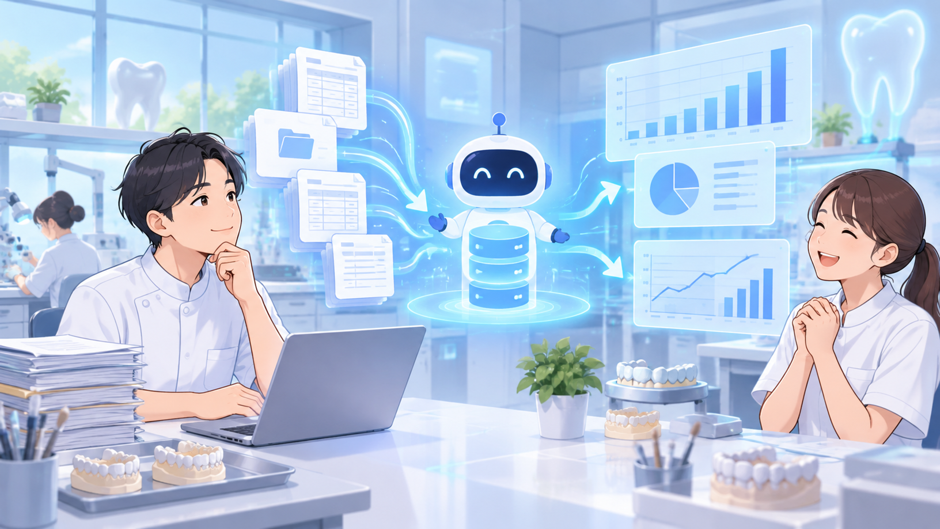AI・ITツールによる採算管理の効率化事例を表す図解イラスト