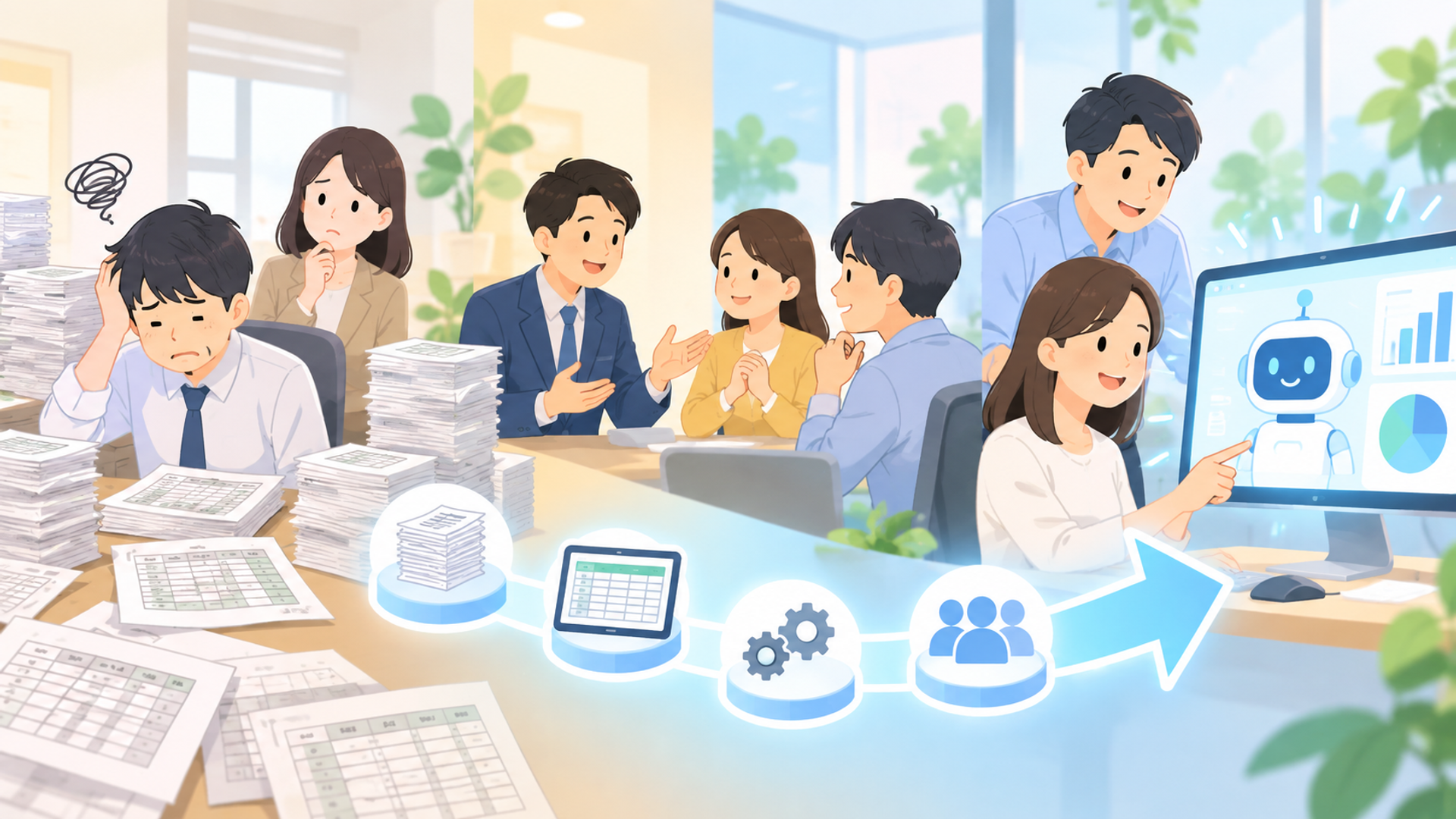 従来の集計方法からAIシステムへ移行する際のポイントを表す図解イラスト