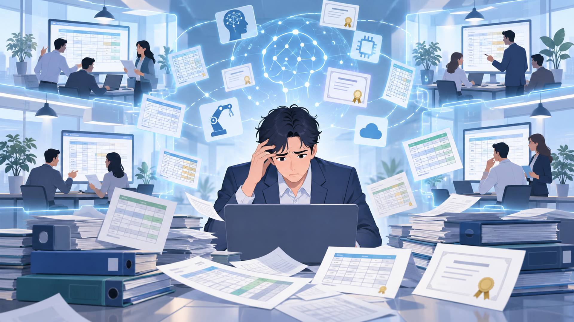 企業でAIを活用した資格管理が難しくなっている背景と課題を表す図解イラスト