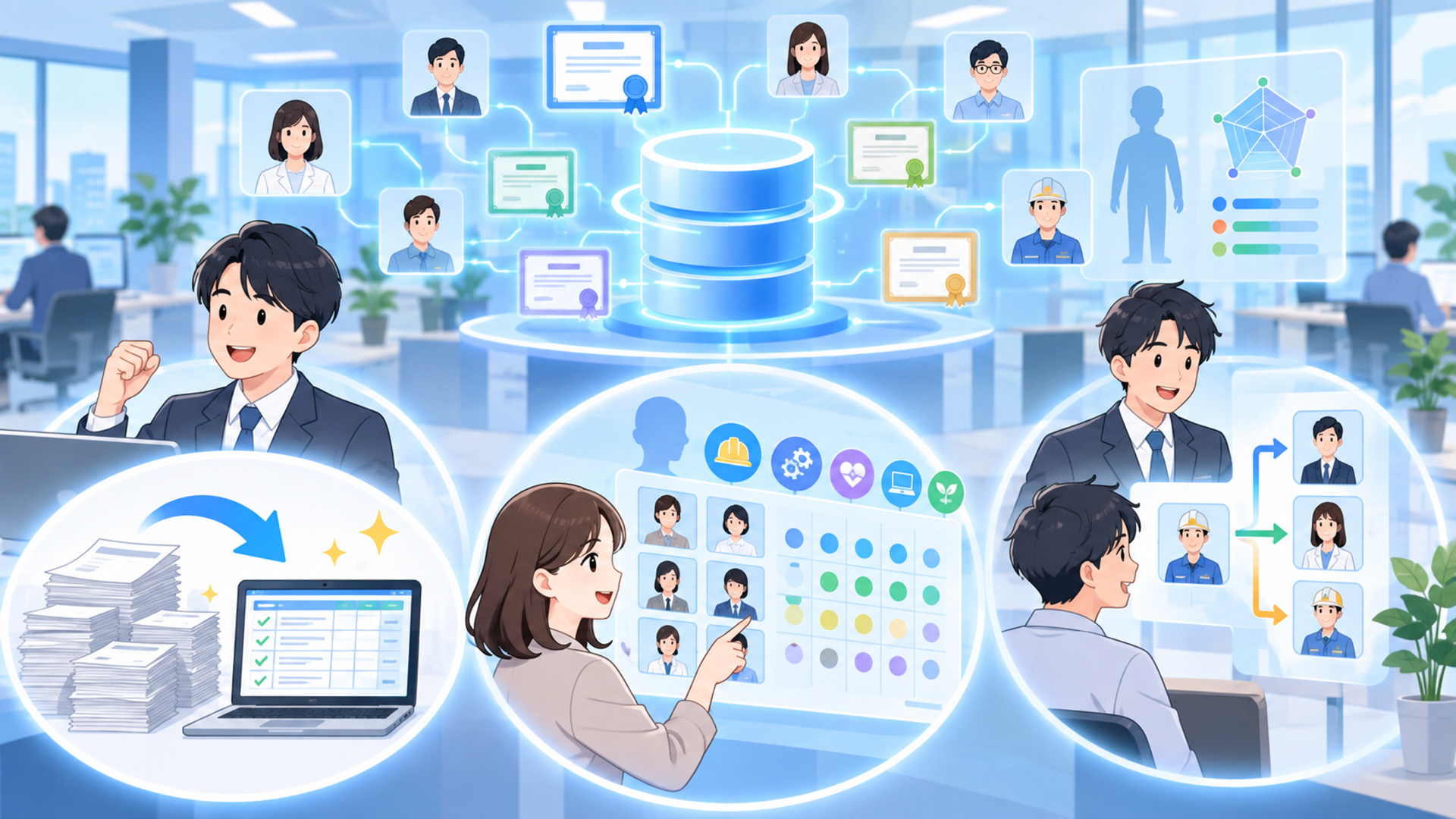 資格管理をシステム化・一元化する3つのメリットを表す図解イラスト