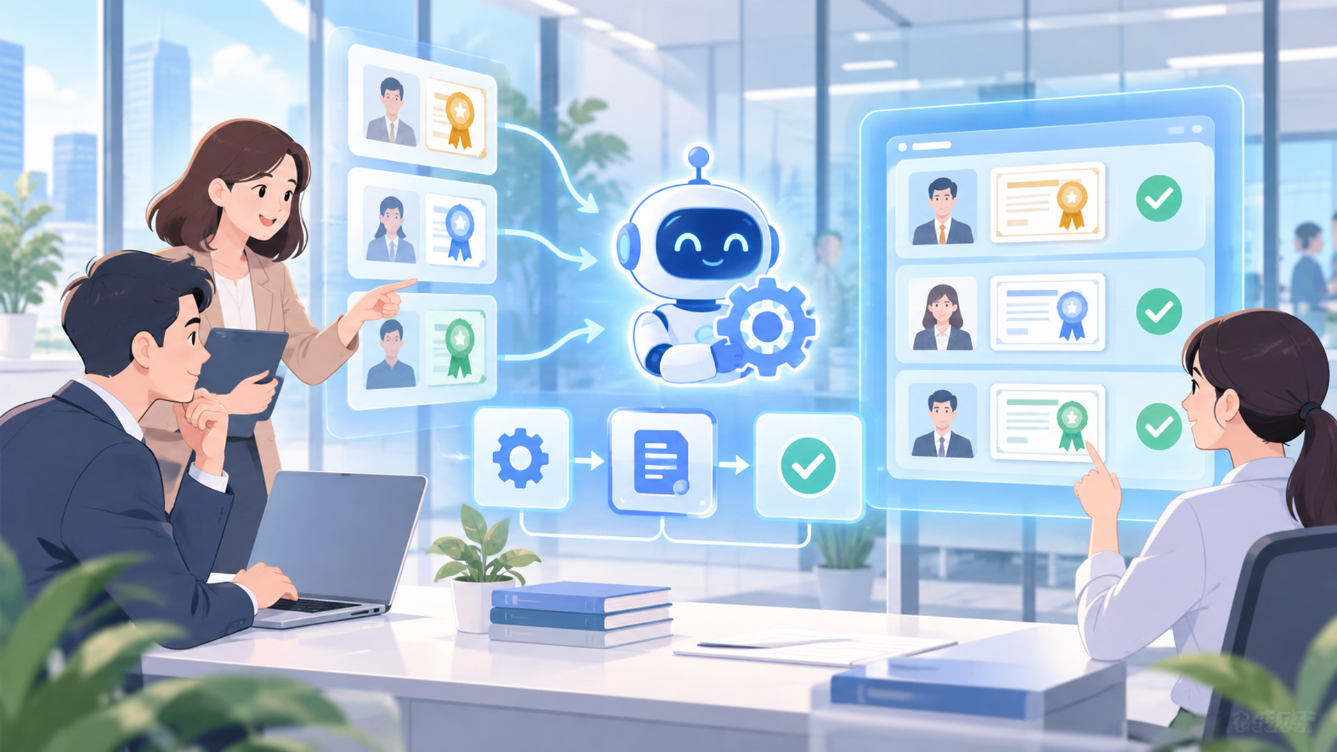 社内で資格管理を効率化するための主なアプローチを表す図解イラスト