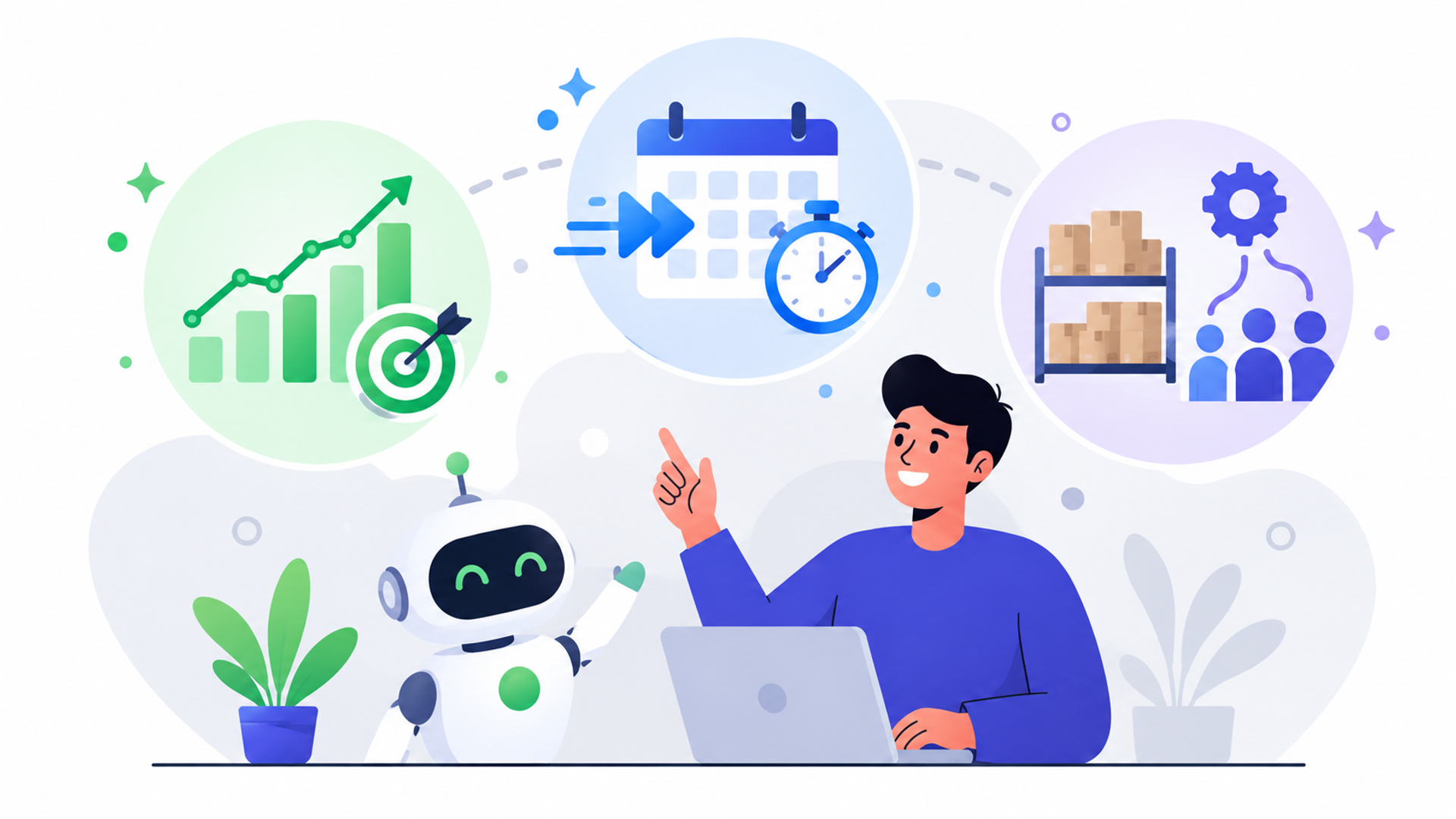 AIの導入によって得られる3つのメリットを表す図解イラスト