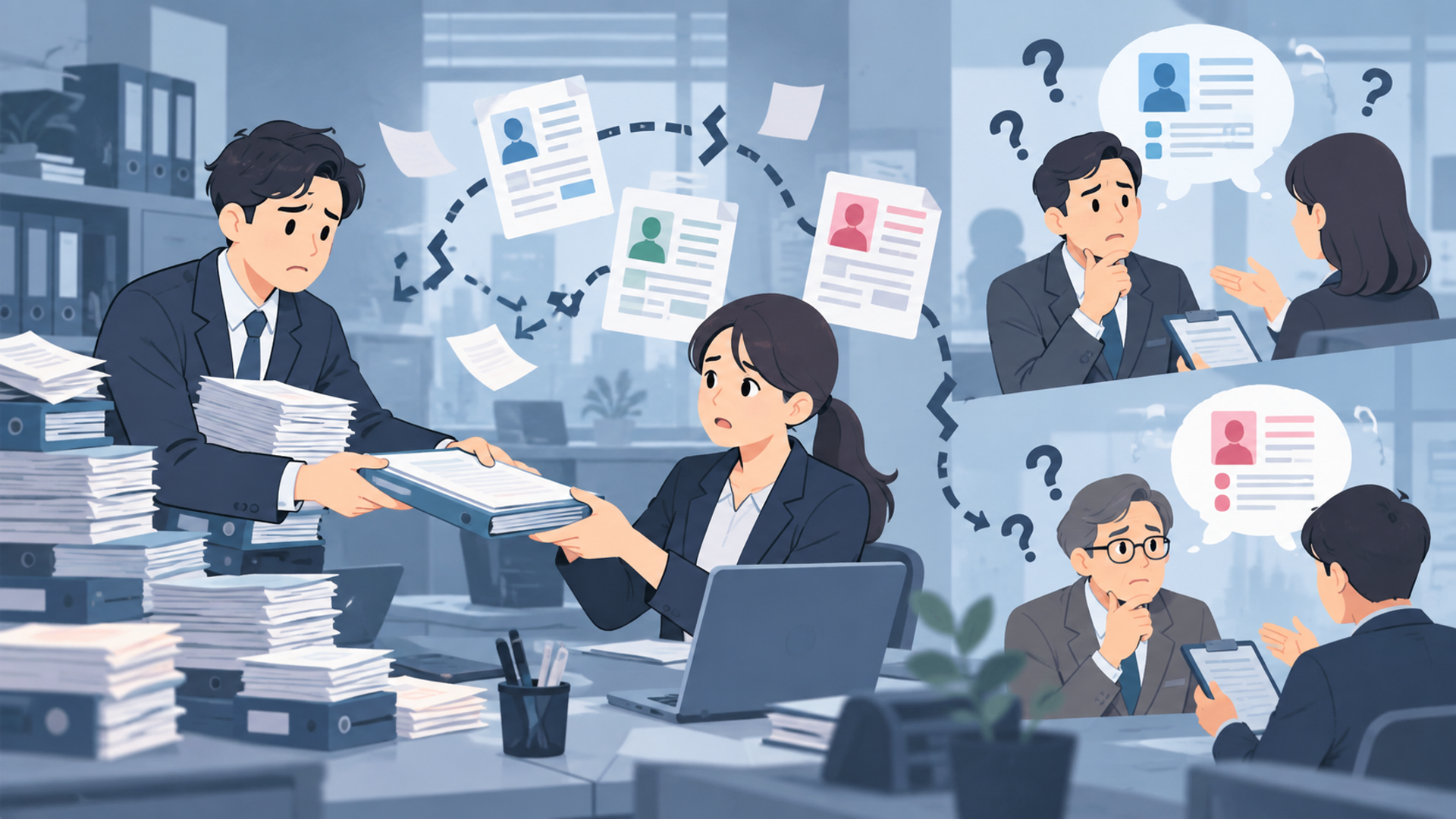 営業活動における引き継ぎ業務が抱える課題を表す図解イラスト