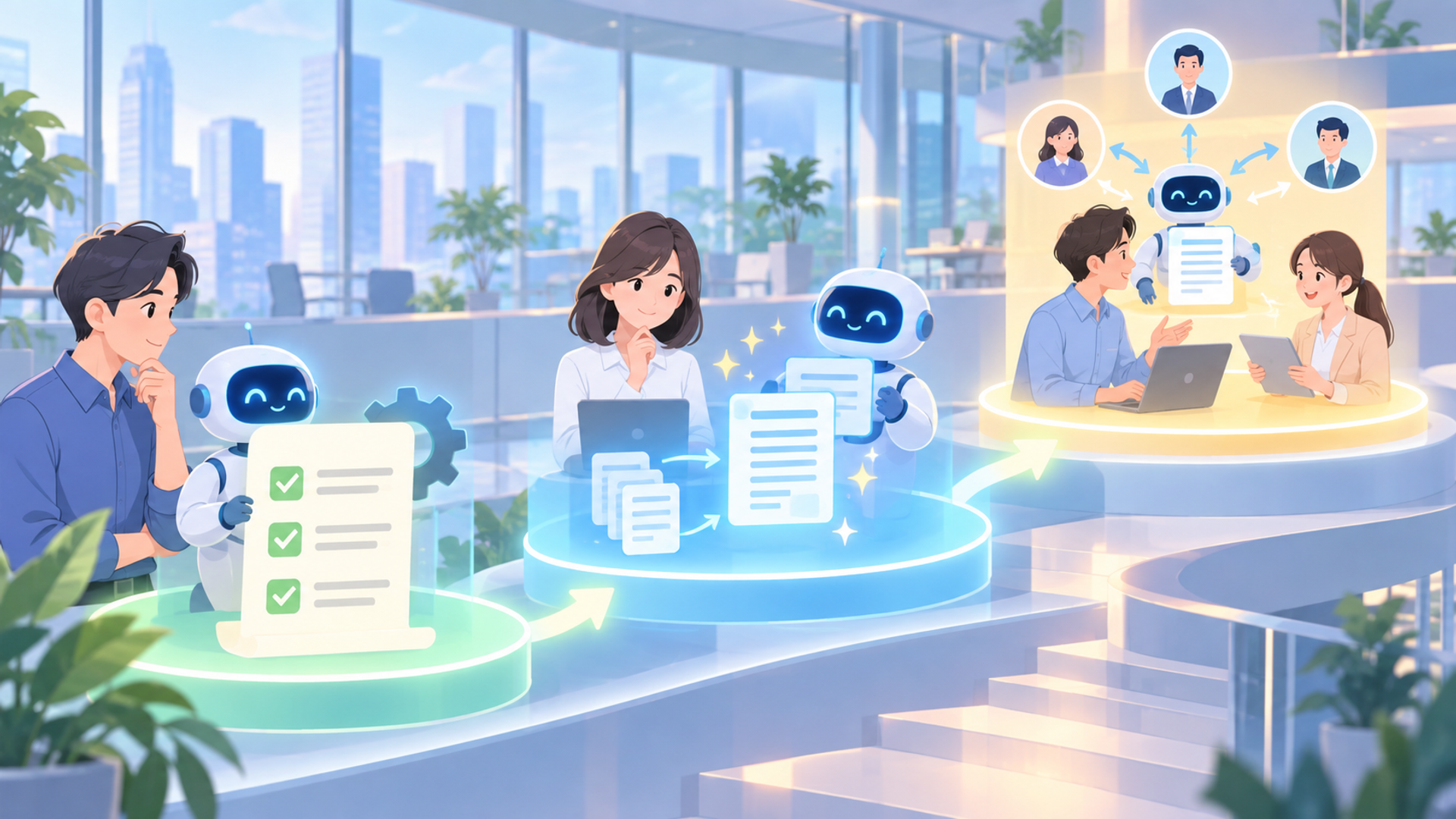 AIを活用して引き継ぎを自動化する3つのステップを表す図解イラスト