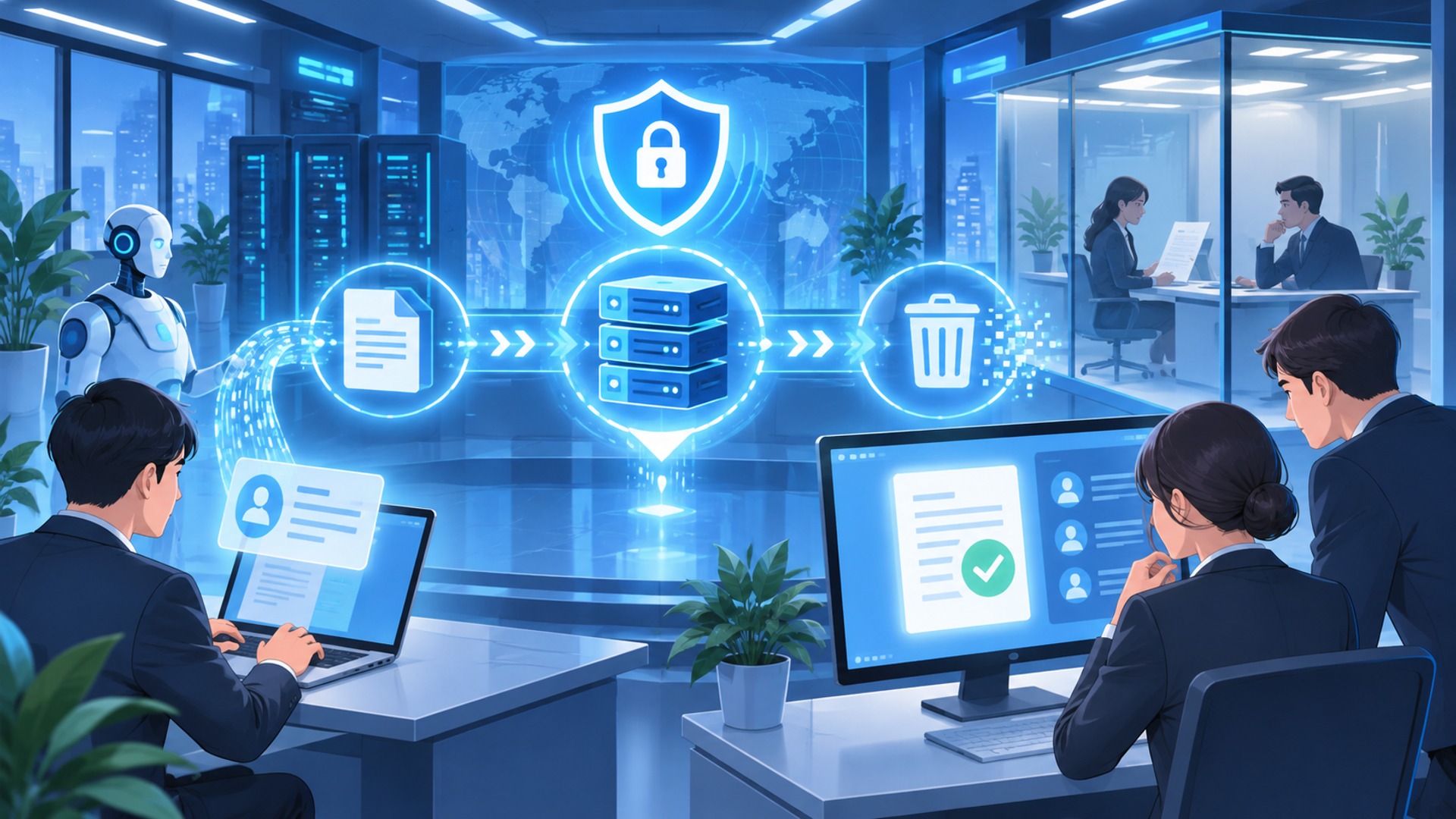 導入時に注意すべきセキュリティと運用のポイントを表す図解イラスト