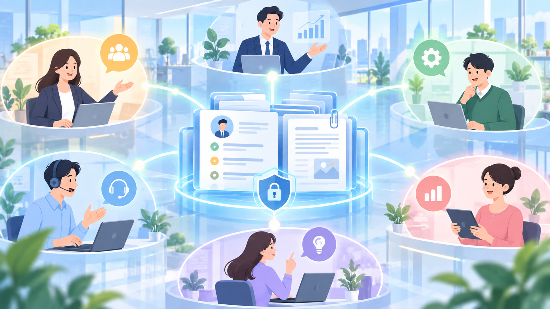 営業データの自動連携がもたらす他部門への好影響を表す図解イラスト