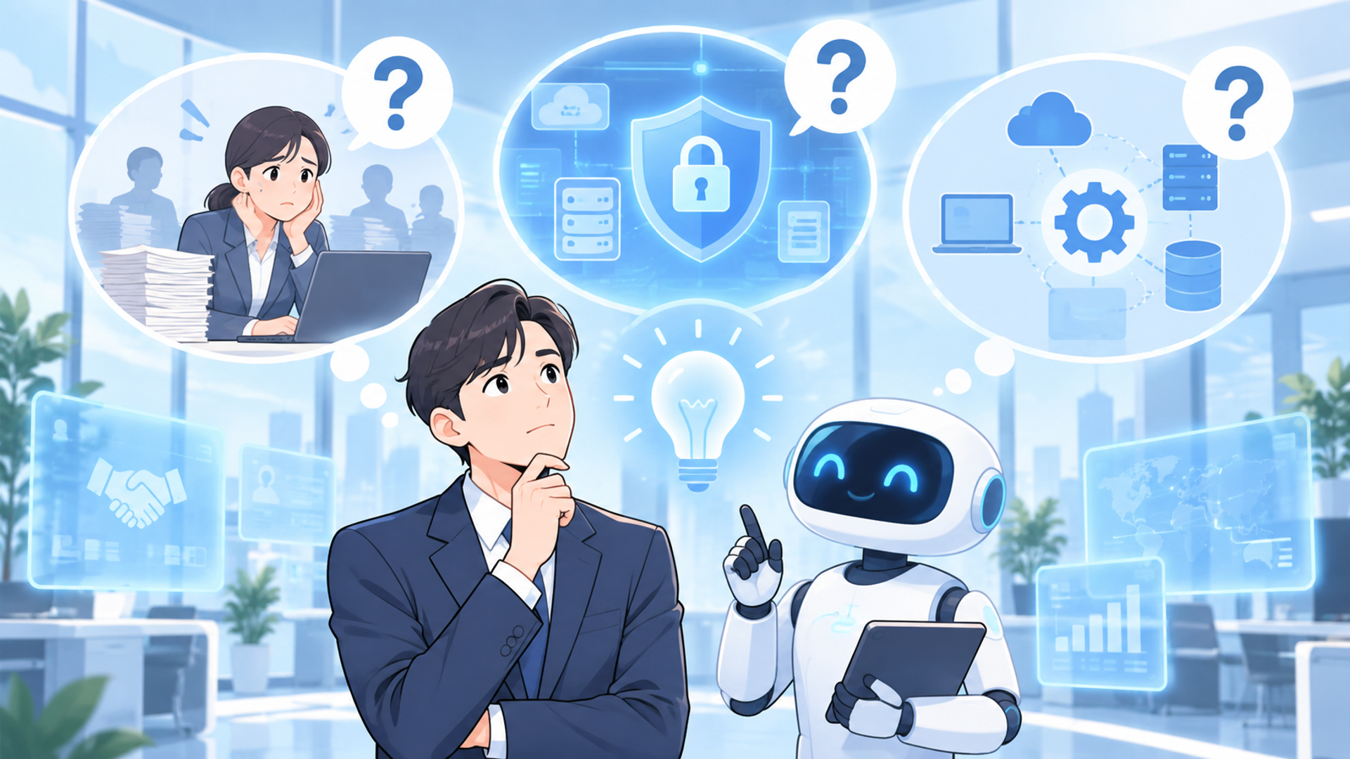 営業引き継ぎのAI化に関するよくある質問を表す図解イラスト