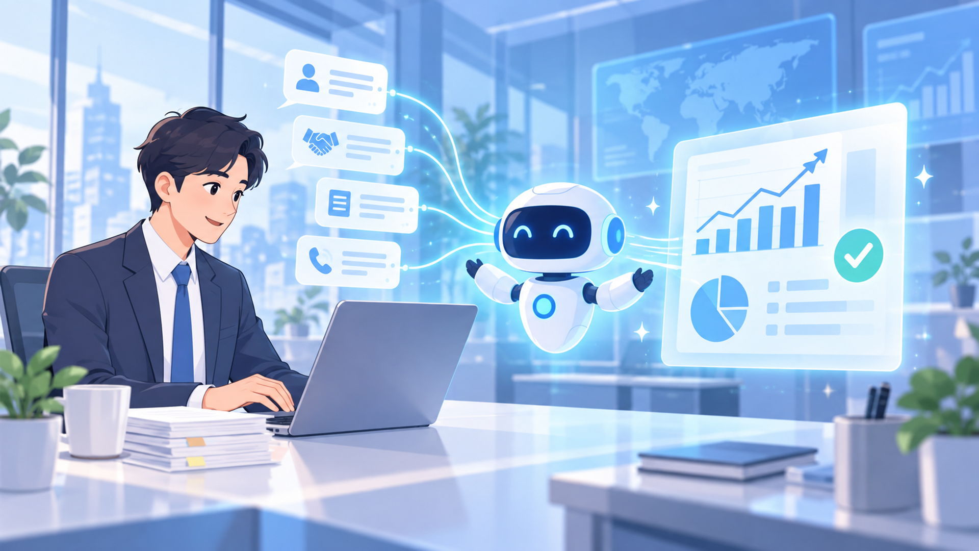 AIを活用して営業進捗の報告を自動化する具体的なシーンを表す図解イラスト