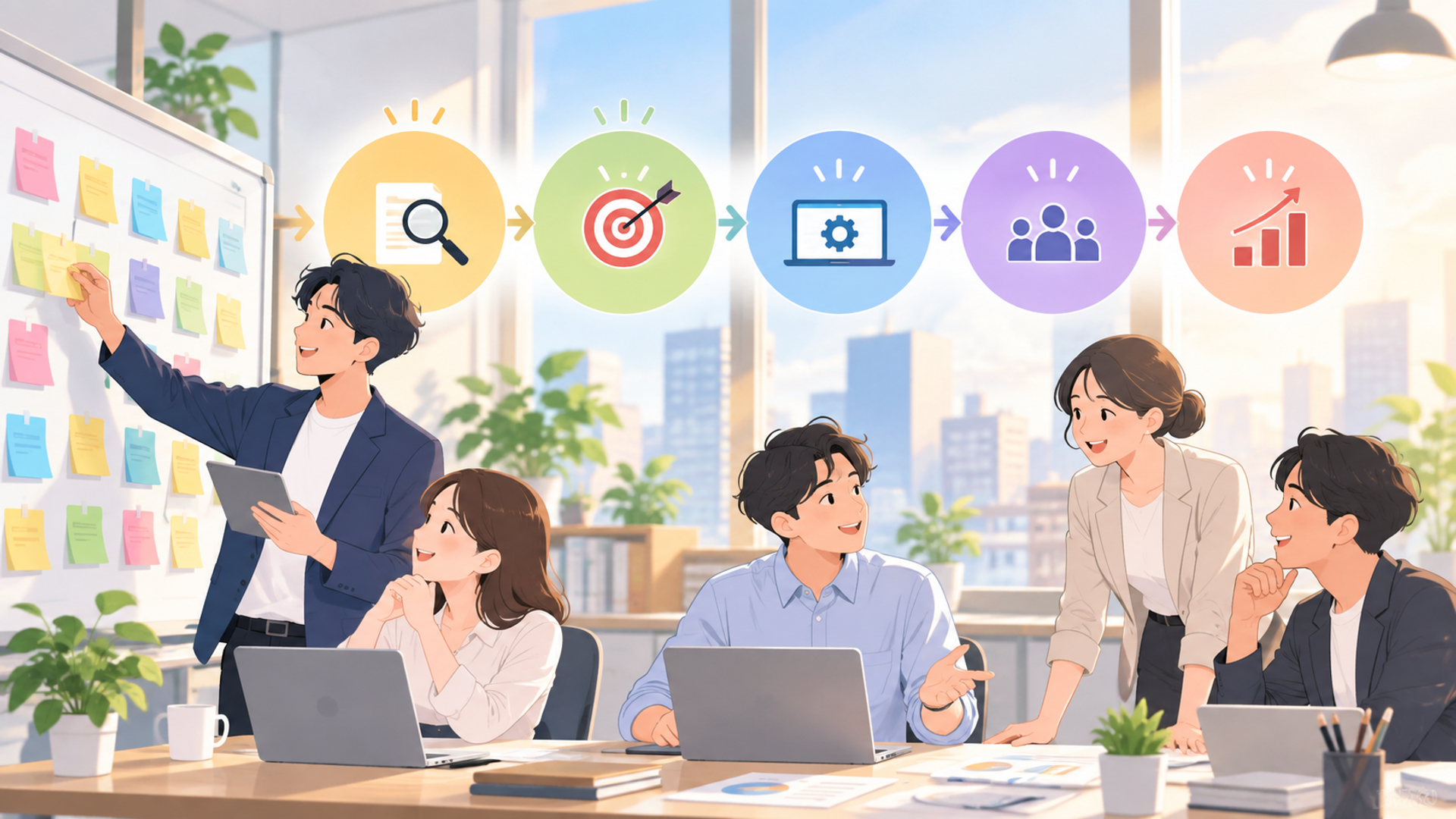 営業進捗報告の自動化をスムーズに進める5つのステップを表す図解イラスト