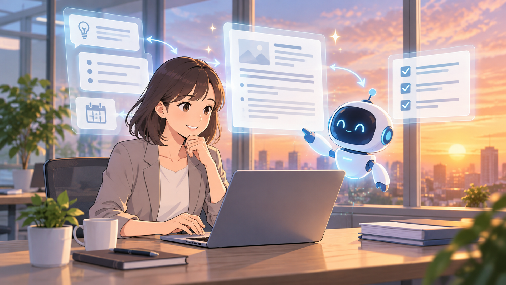 生成AIプロンプトを活用した日報作成の効率化を表す図解イラスト