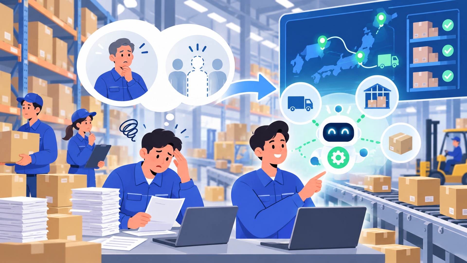 物流現場で出荷指示の自動化が急務とされる理由を表す図解イラスト