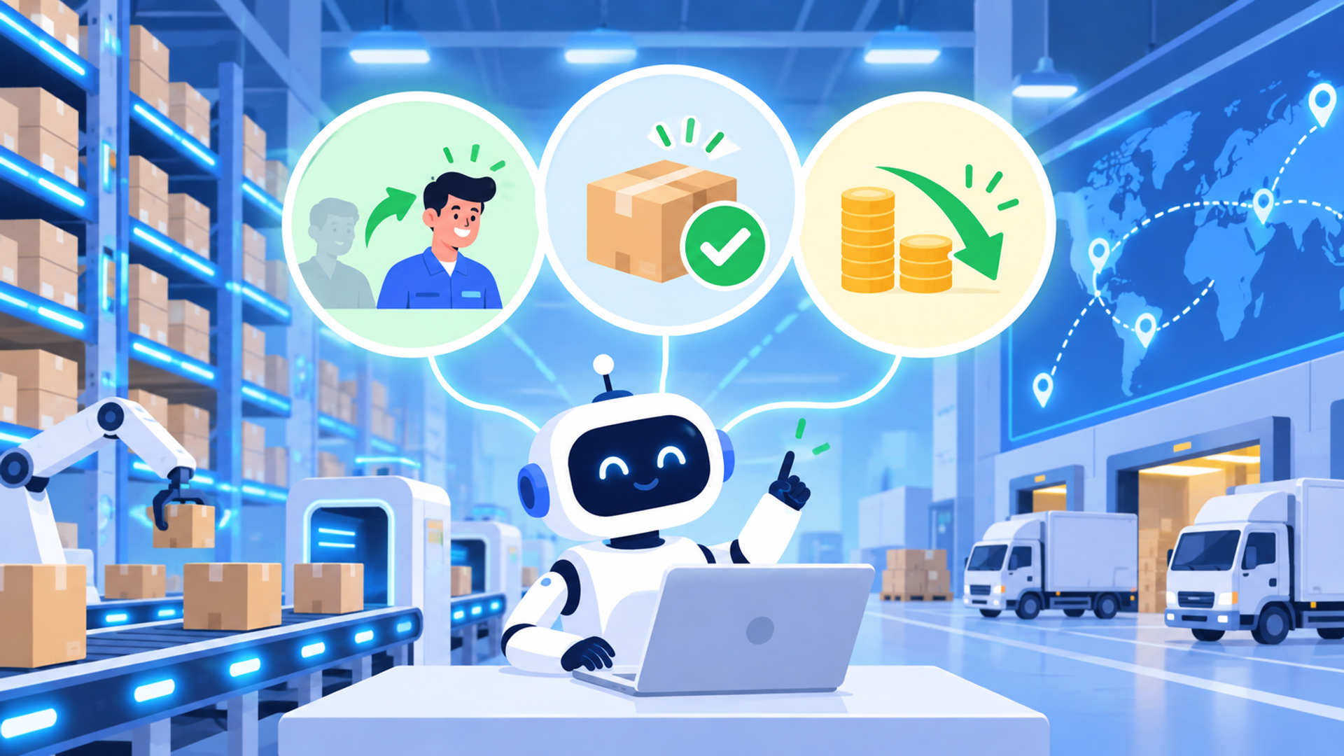AIによる出荷指示の自動化がもたらす3つのメリットを表す図解イラスト