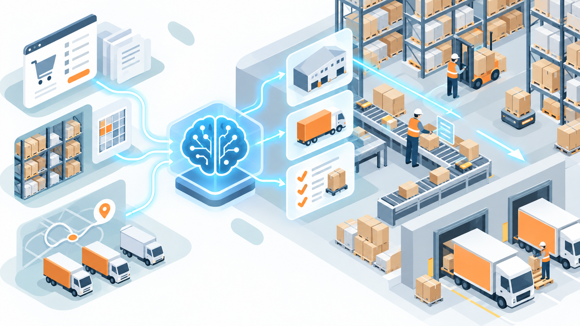 倉庫内におけるAIによる出荷指示の具体的な仕組みを表す図解イラスト