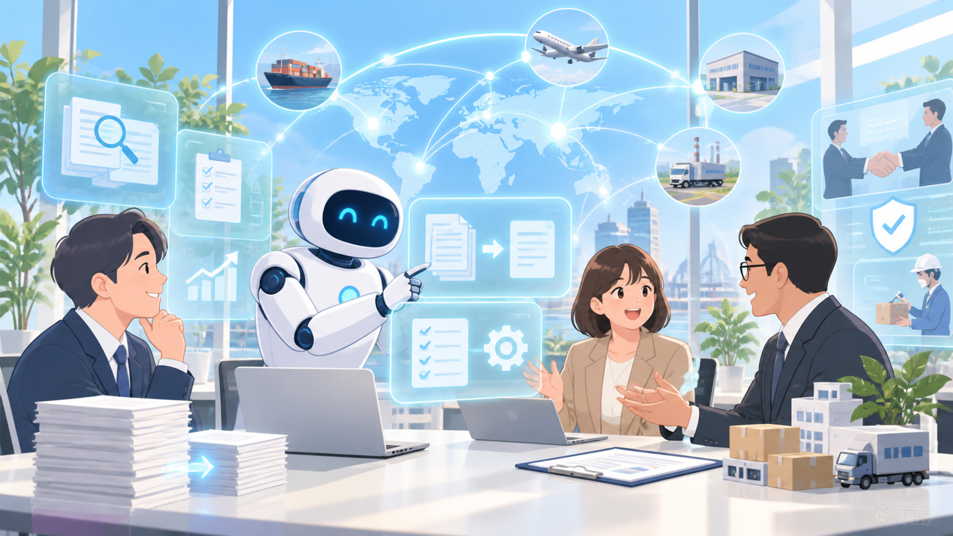 AI技術が調達業務にもたらす変革とメリットを表す図解イラスト